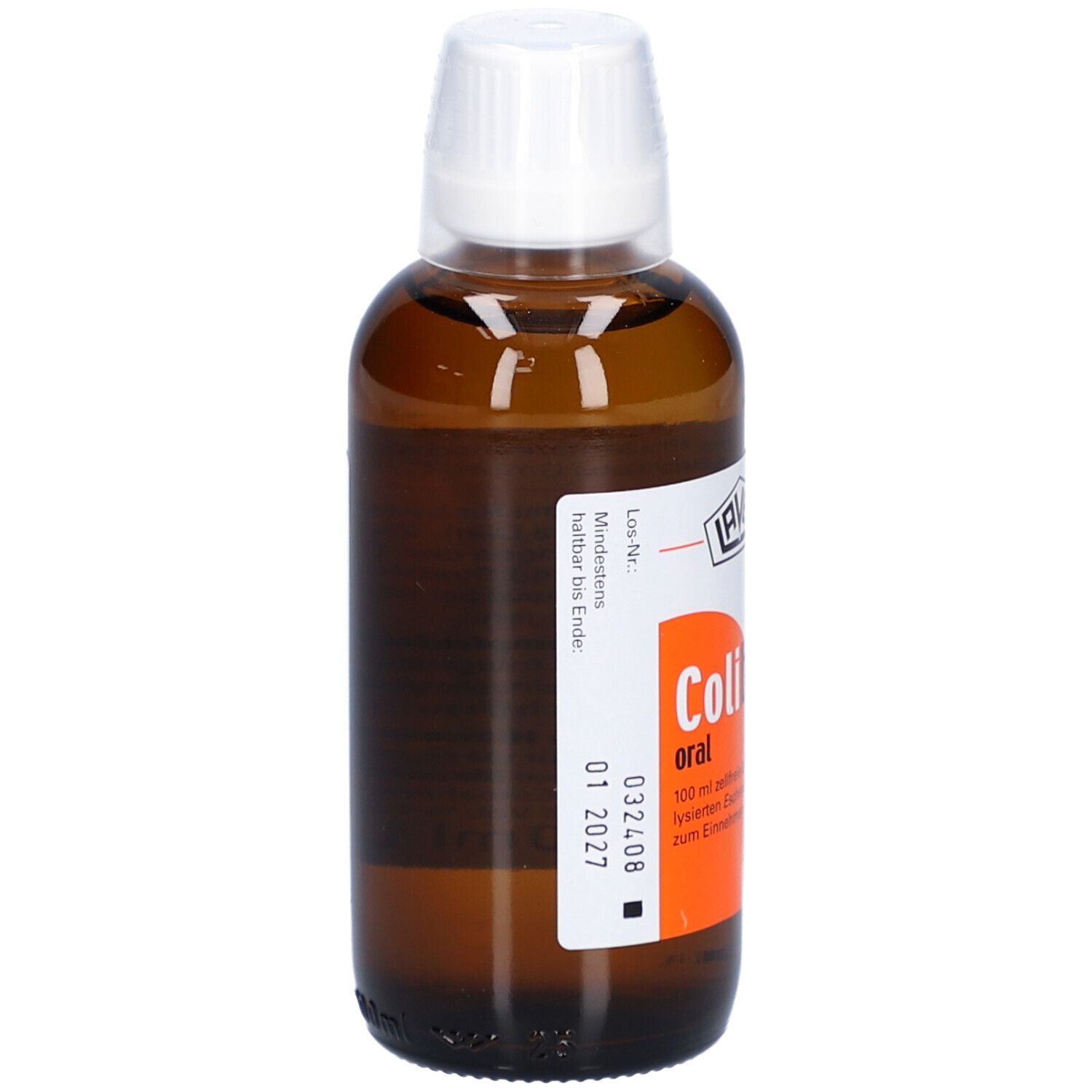 Braune Flasche mit weißem Deckel. Aufkleber mit "Colibiogen oral" und Verfallsdatum.