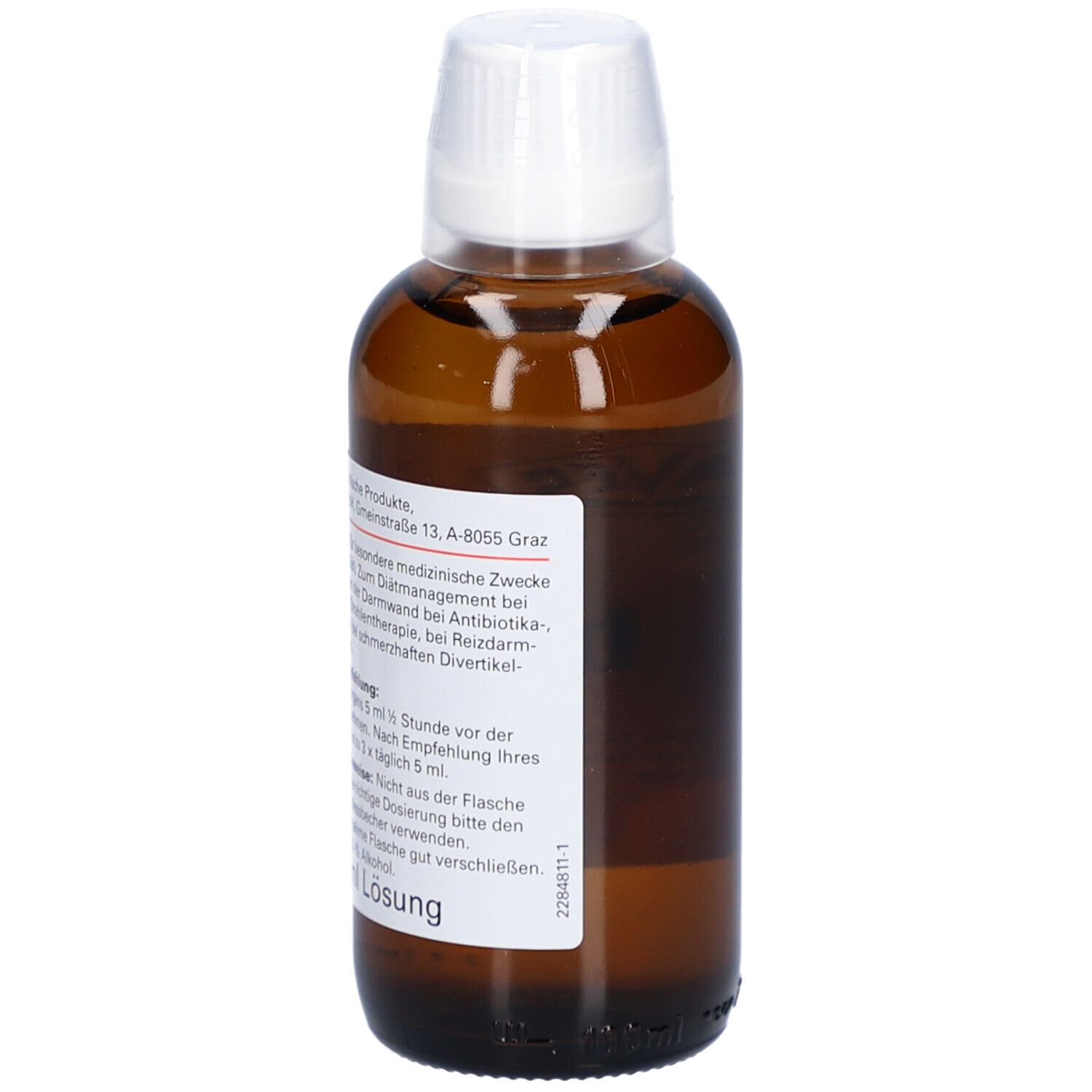 Braune Flasche mit weißem Deckel. Aufkleber mit Informationen zum Produkt.