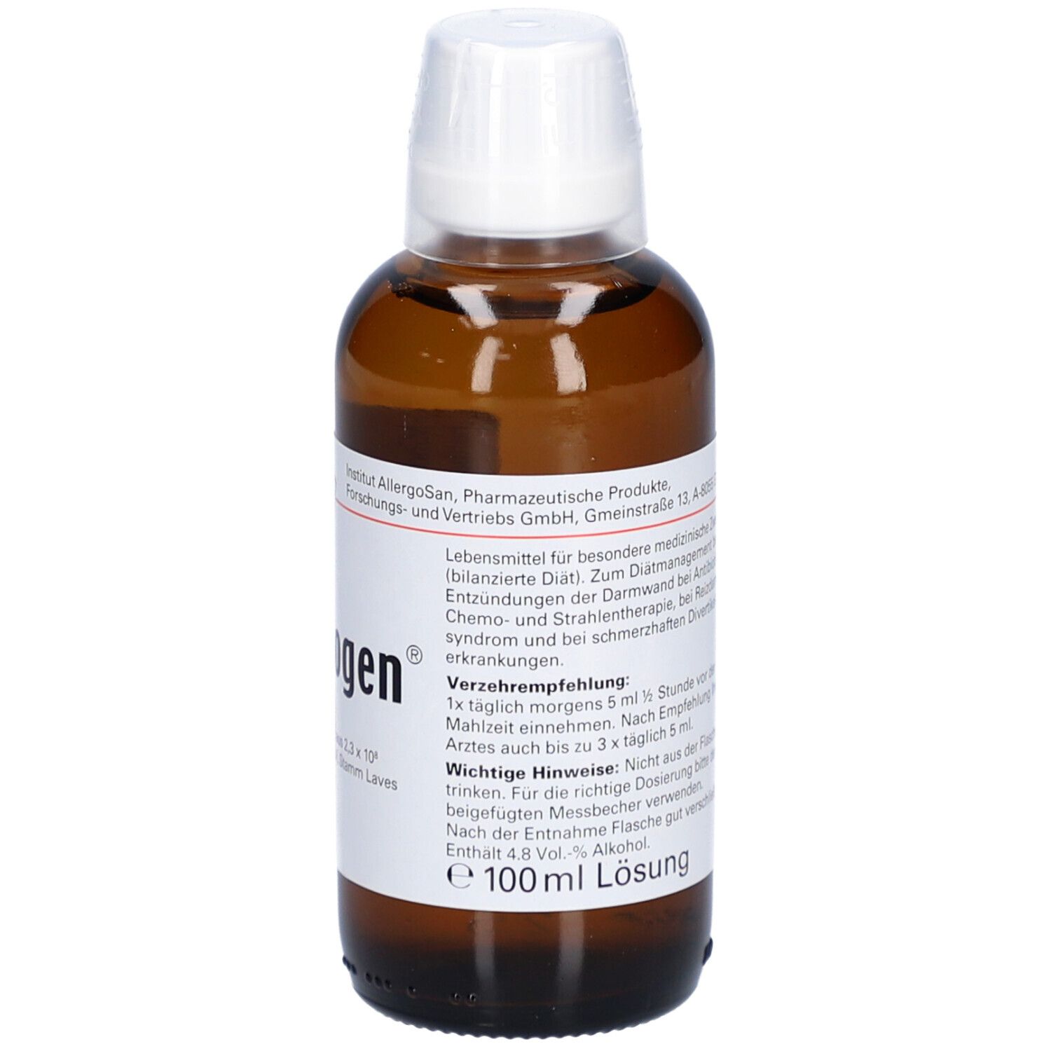 Braune Flasche mit weißem Deckel. Aufkleber mit "Colibiogen" und Dosierungshinweisen.