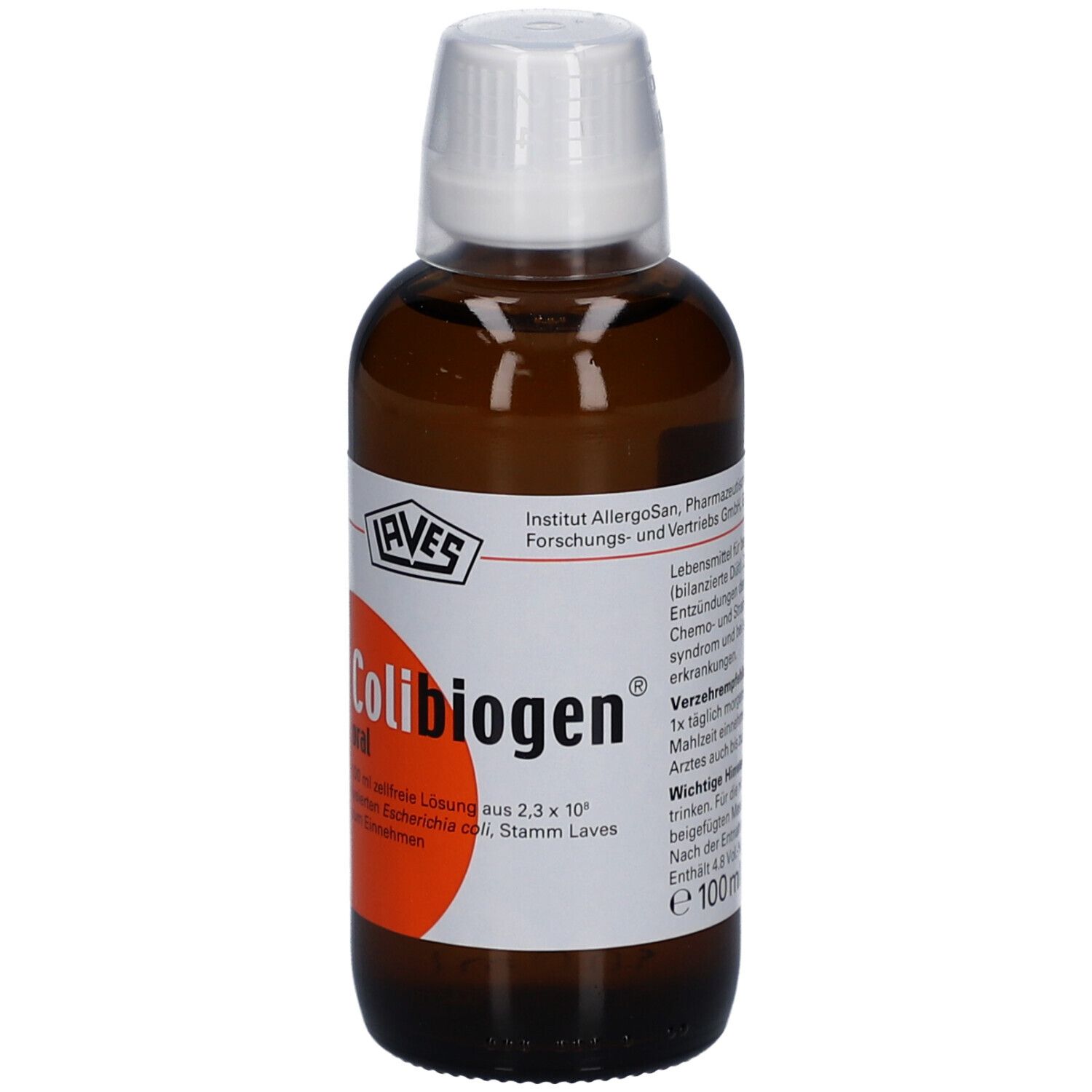 Braune Flasche mit weißem Deckel. Aufkleber mit "Colibiogen oral" und Inhaltsstoffen.