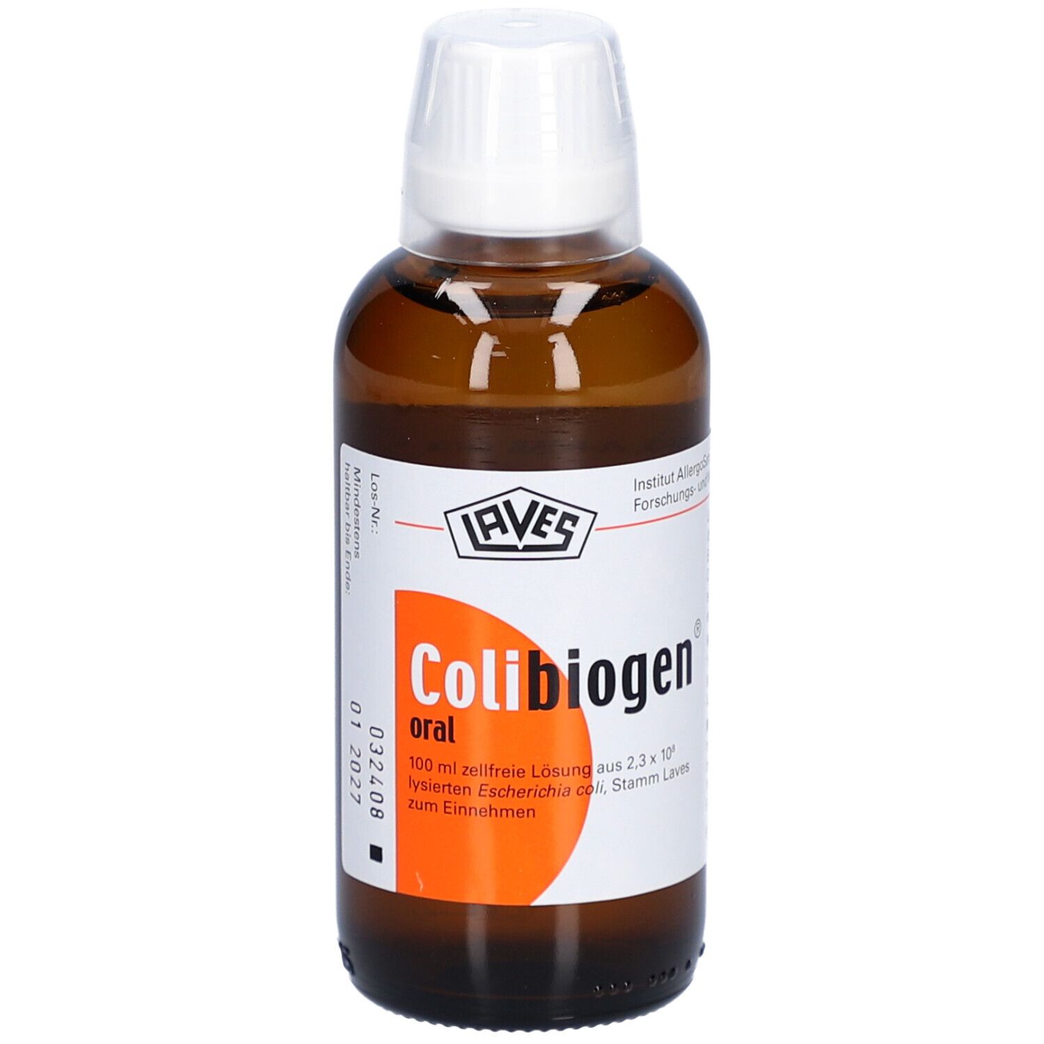 Braune Flasche mit weißem Deckel. Aufkleber mit "Colibiogen oral" und Verfallsdatum.