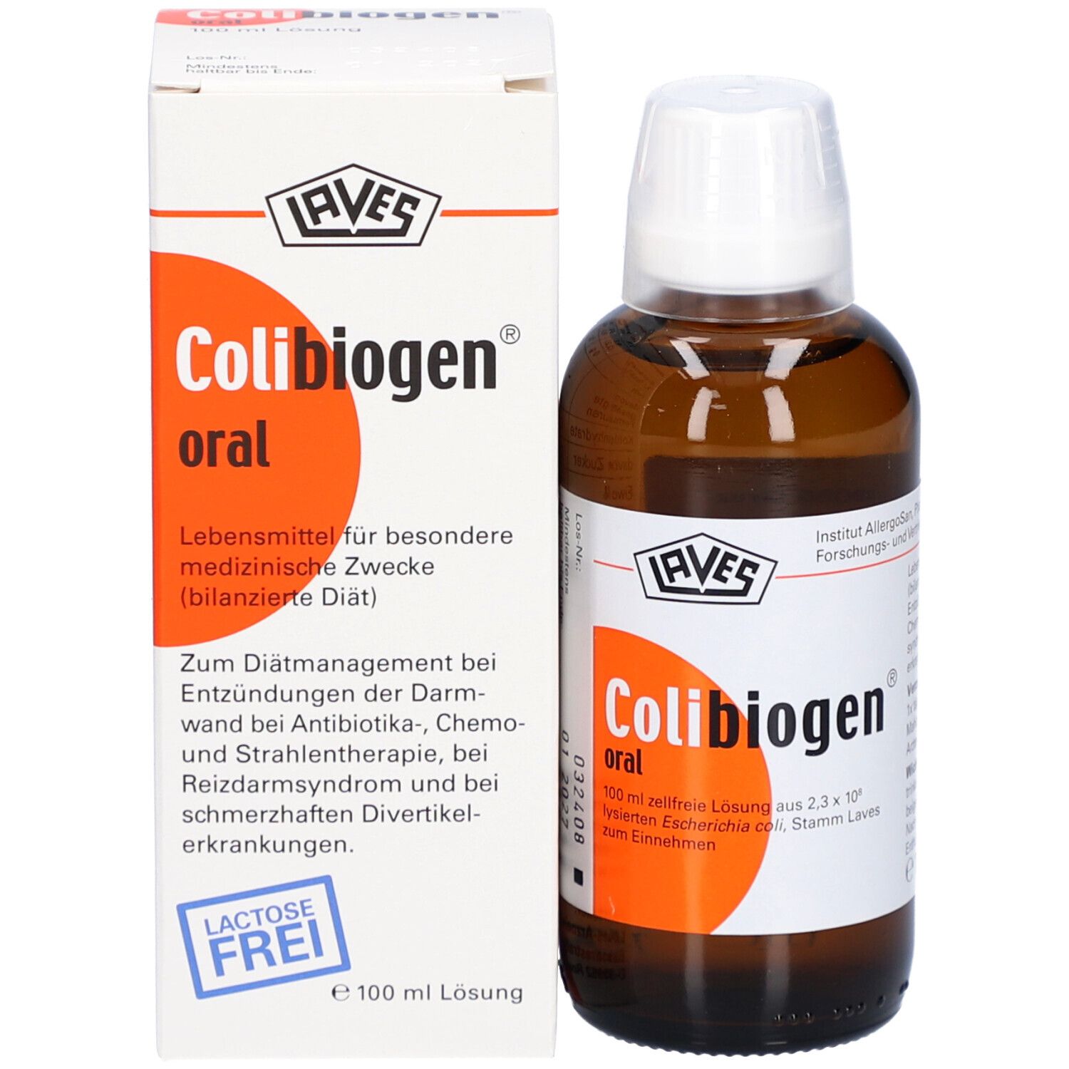 Braune Flasche und Karton. Aufschrift "Colibiogen oral". Karton mit Informationen und Logo.