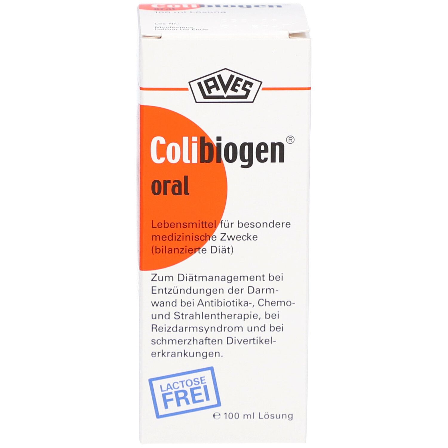 Karton mit Aufschrift "Colibiogen oral". Enthält Informationen und Logo. "Lactose frei".