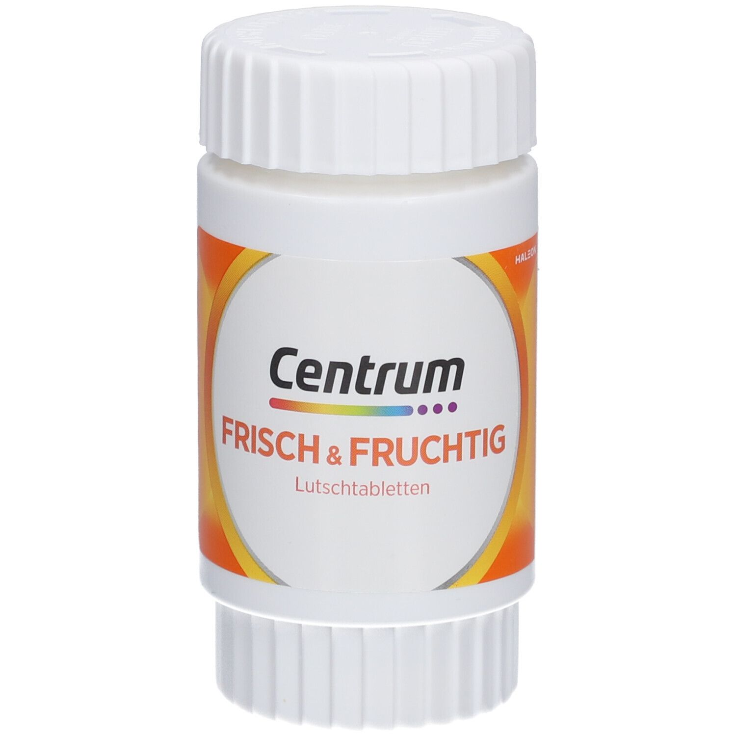 Weiße Flasche mit Deckel. Aufschrift: Centrum Frisch & Fruchtig Lutschtabletten. Orangefarbener Hintergrund.