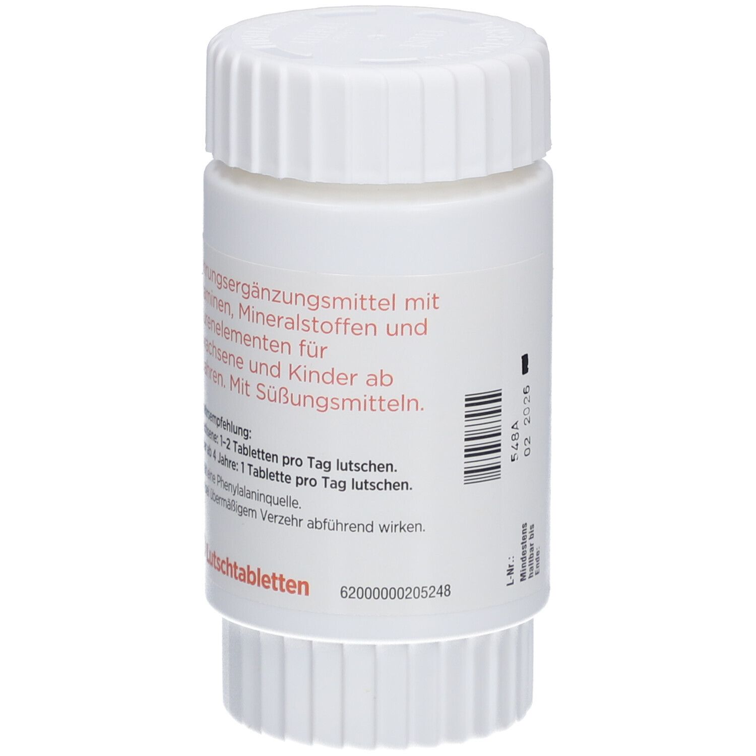 Weiße Flasche mit Text. Enthält Nahrungsergänzungsmittel mit Vitaminen, Mineralstoffen und Spurenelementen.