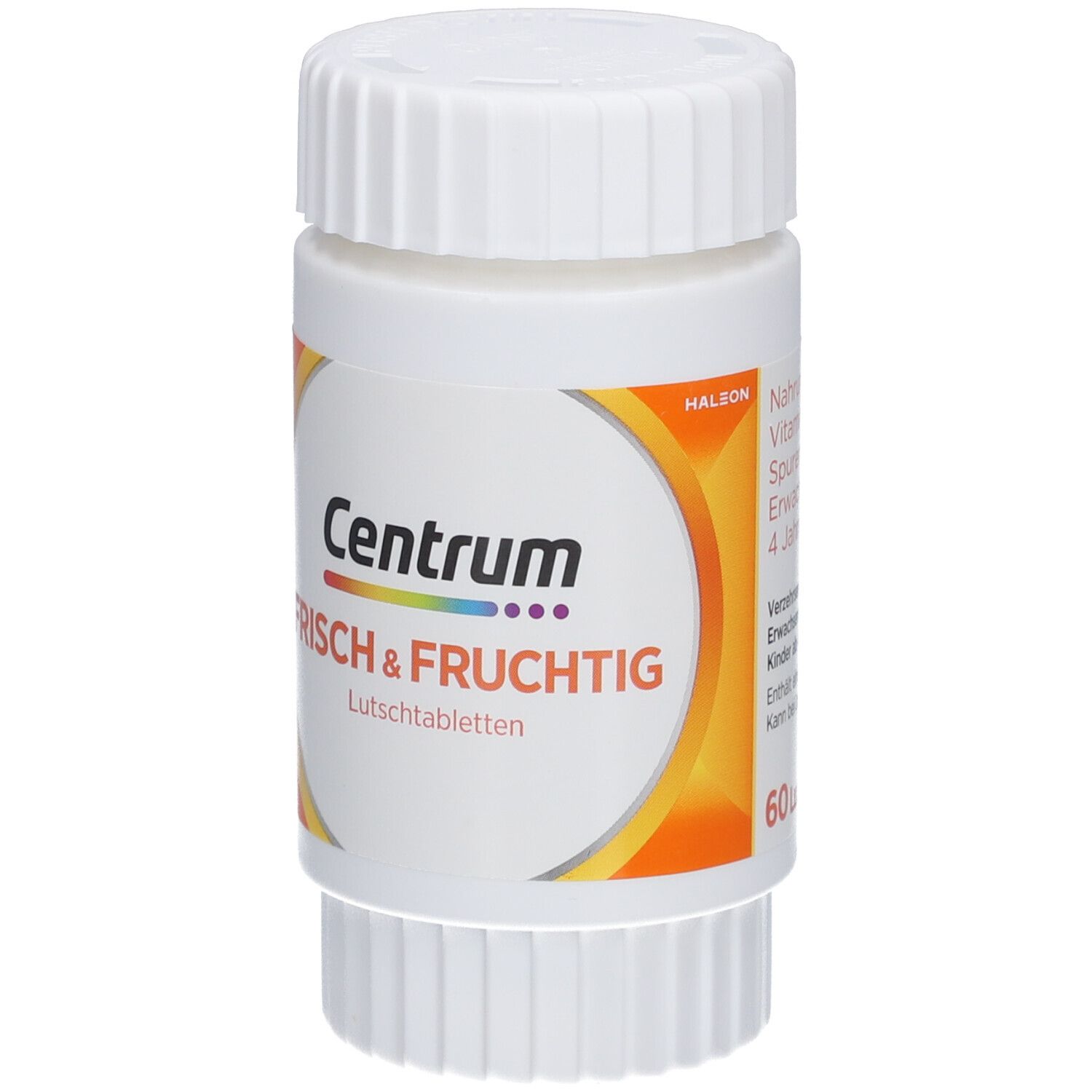 Weiße Flasche mit Deckel. Aufschrift: Centrum Frisch & Fruchtig Lutschtabletten. Orangefarbener Hintergrund.