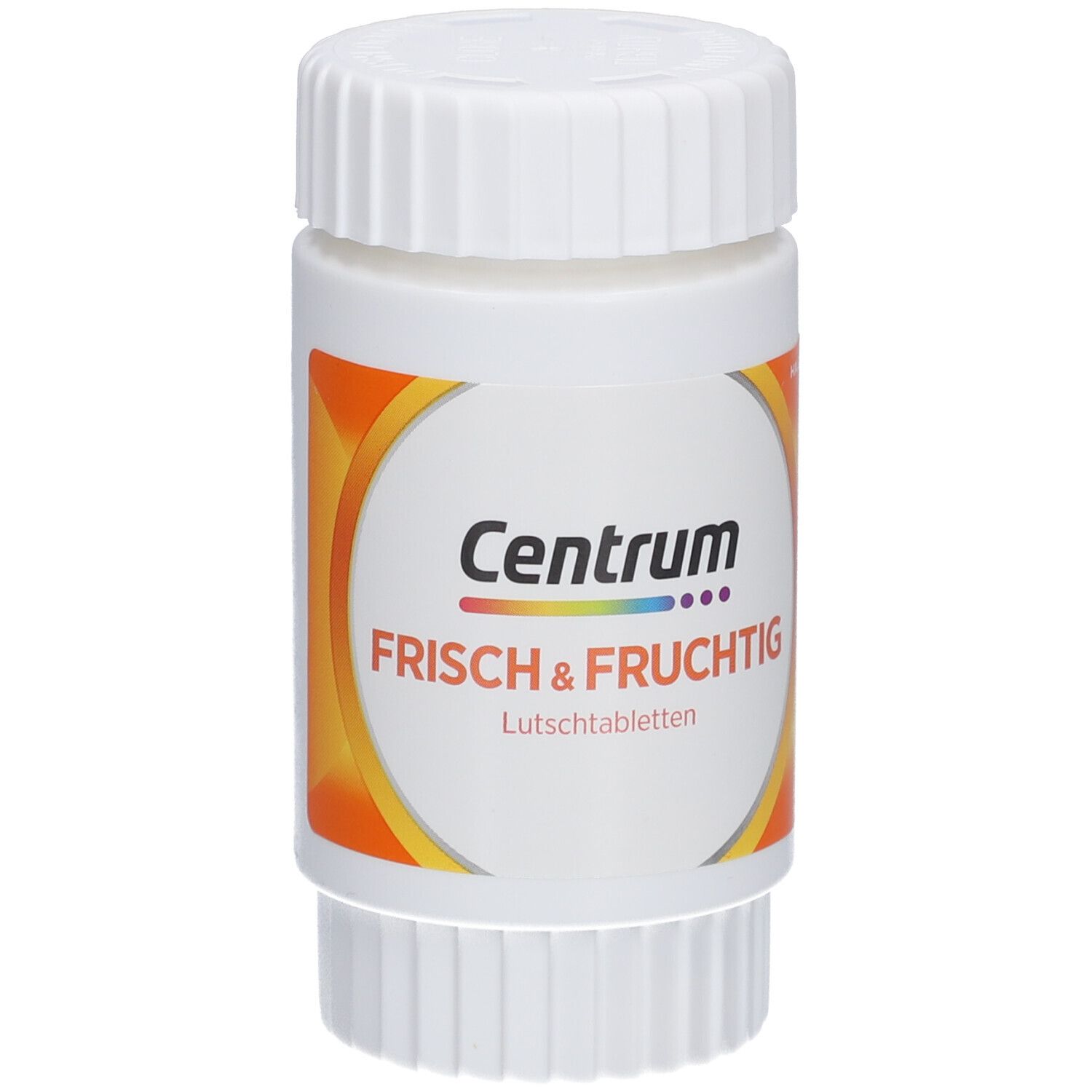 Weiße Flasche mit Deckel. Aufschrift: Centrum Frisch & Fruchtig Lutschtabletten. Orangefarbener Hintergrund.