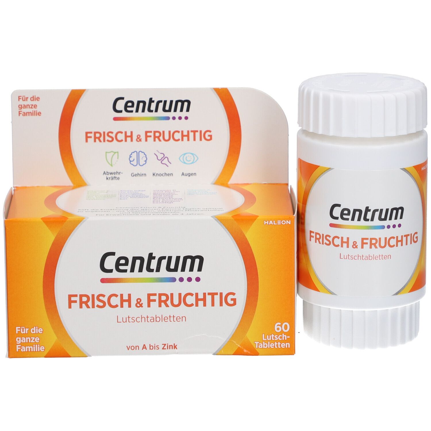 Produktverpackung mit Flasche. Aufschrift: Centrum Frisch & Fruchtig. 60 Lutschtabletten. Halston Logo.