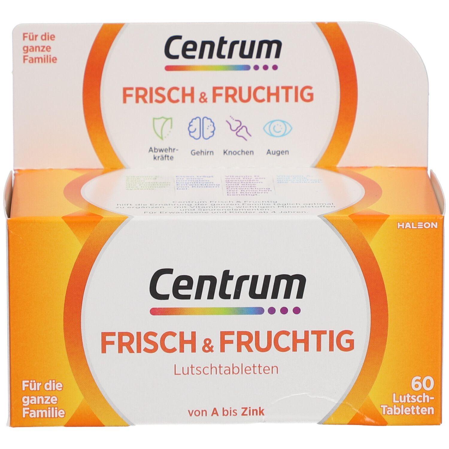 Produktverpackung. Aufschrift: Centrum Frisch & Fruchtig. 60 Lutschtabletten. Halston Logo. Für die ganze Familie.
