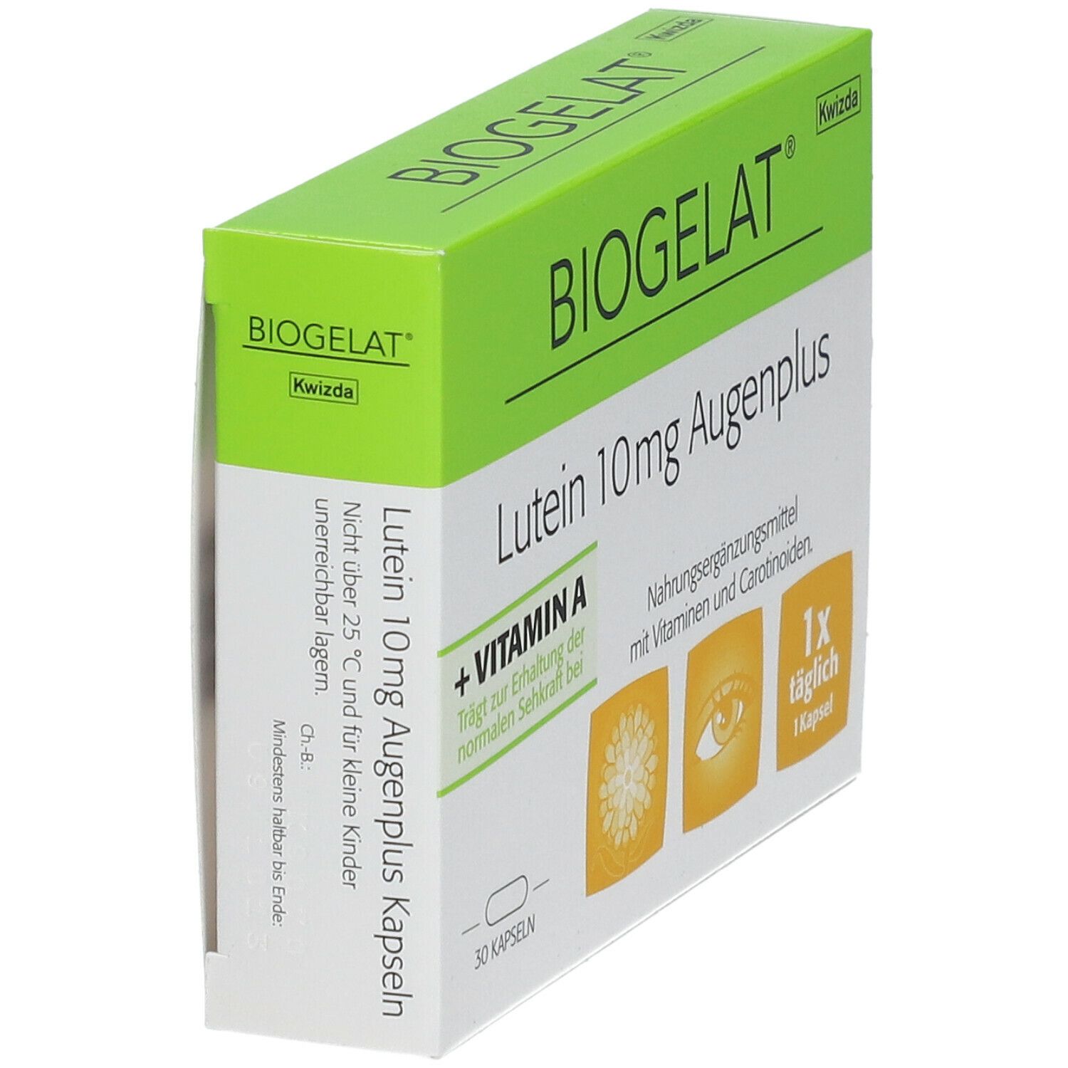 Boîte BIOGELAT Lutein 10mg Augenplus, vert-blanc. 30 gélules. Texte : + Vitamine A, 1x par jour. Fabricant Kwizda. Illustrations : œil, caroténoïdes.