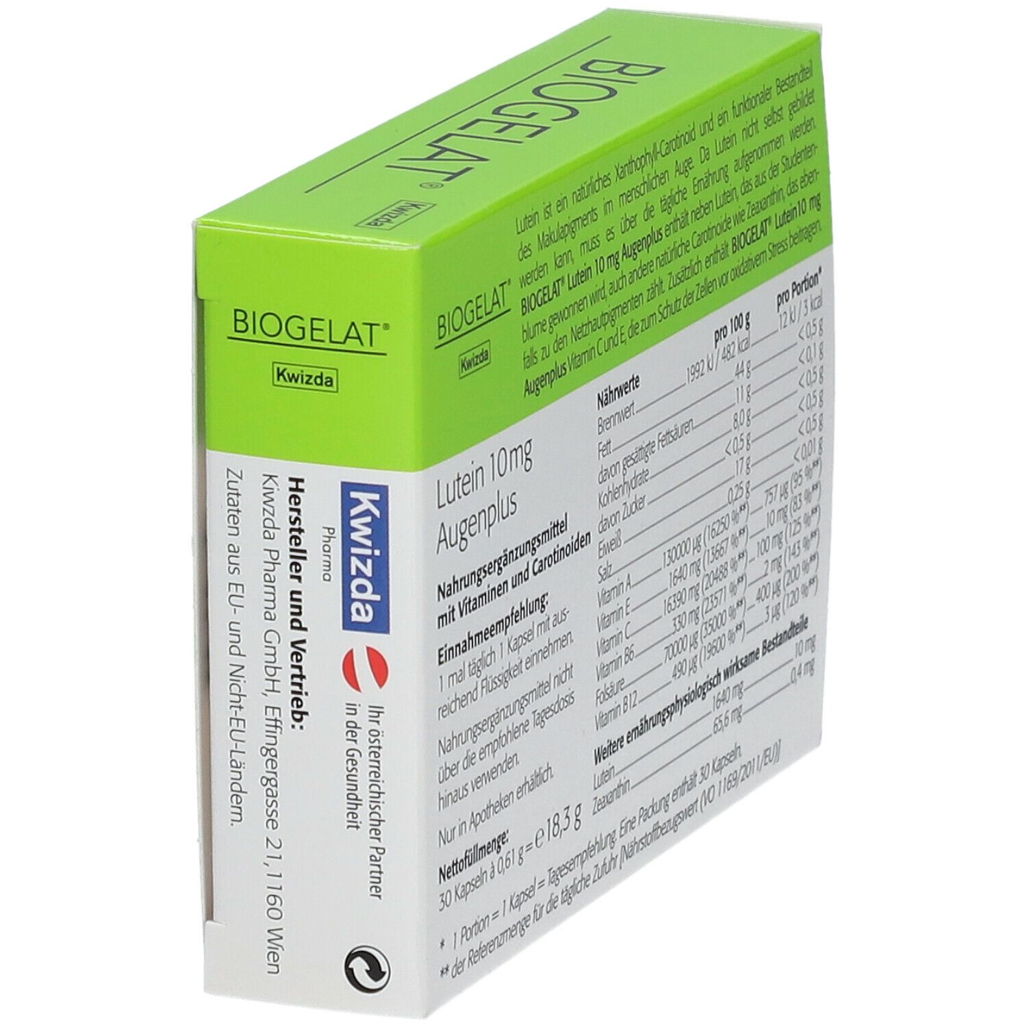 Boîte BIOGELAT Lutein 10mg Augenplus. Dos avec informations nutritionnelles. Fabricant Kwizda. Texte : 30 gélules. Illustrations : œil, caroténoïdes.
