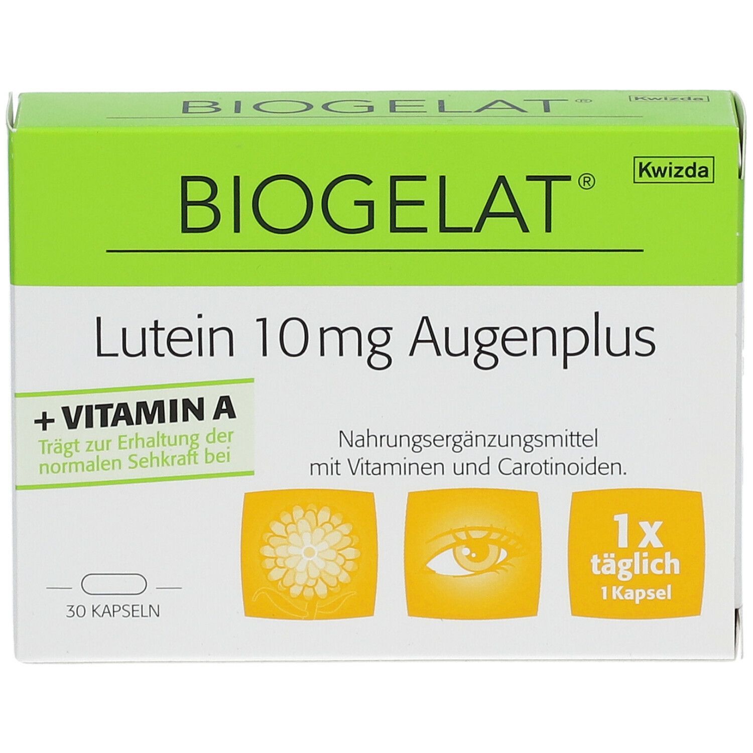 Boîte verte BIOGELAT Lutein 10mg Augenplus. 30 gélules. Texte : + Vitamine A, 1x par jour 1 gélule. Illustrations : œil, caroténoïdes.