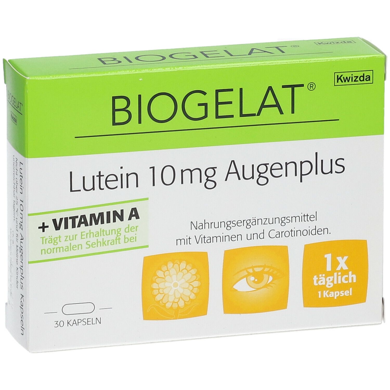 Boîte verte BIOGELAT Lutein 10mg Augenplus. 30 gélules. Texte : + Vitamine A, 1x par jour 1 gélule. Illustrations : œil, caroténoïdes.