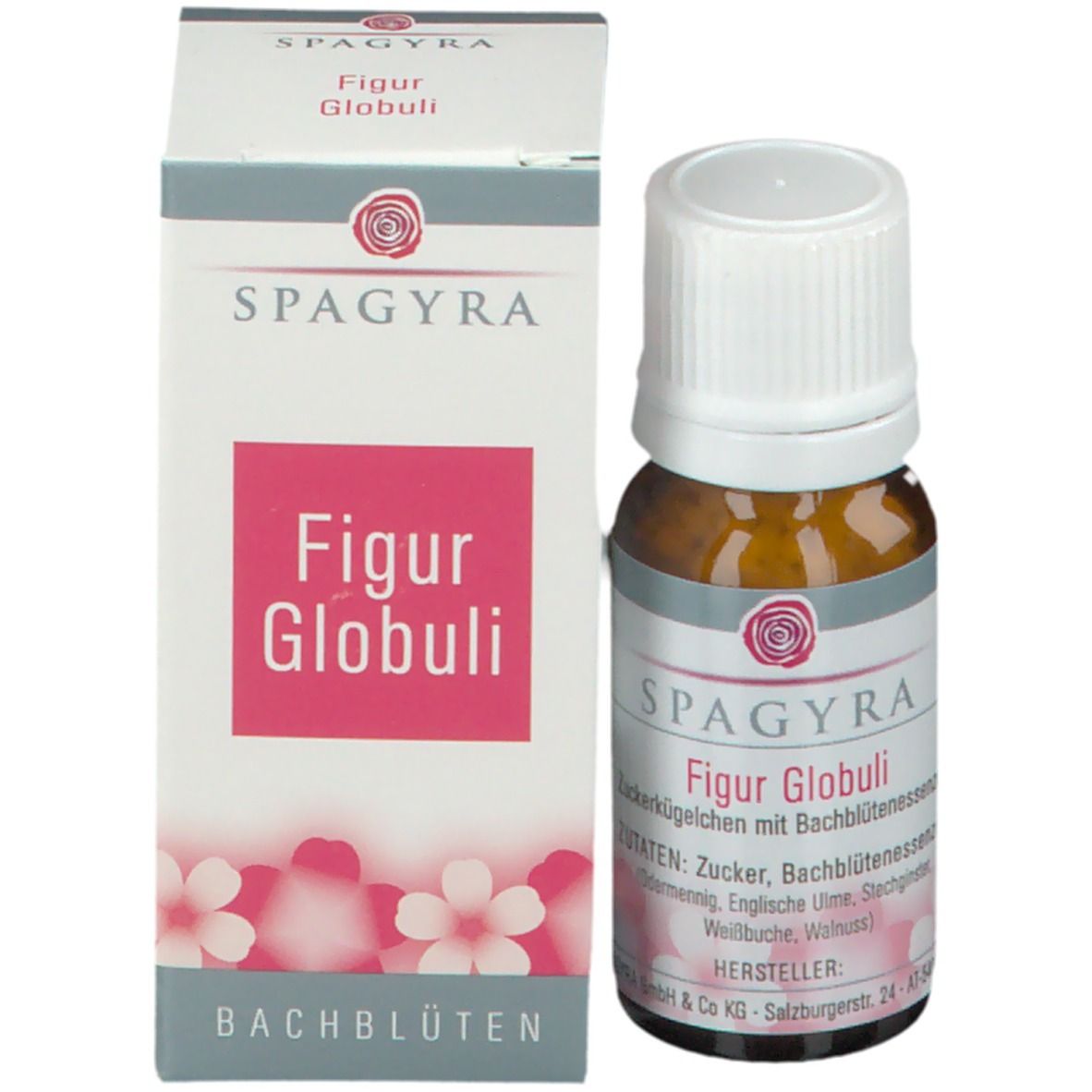 Produktverpackung mit Flasche. Weißer Karton mit SPAGYRA, Figur Globuli und Bachblüten-Logo. Flasche mit Etikett.