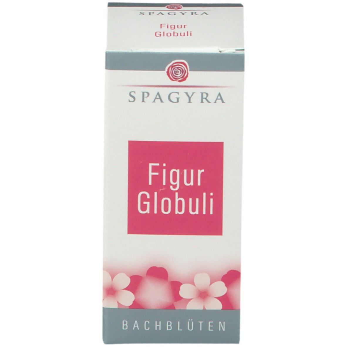 Produktverpackung. Weißer Karton mit SPAGYRA, Figur Globuli und Bachblüten-Logo. Rosa Blüten-Design.