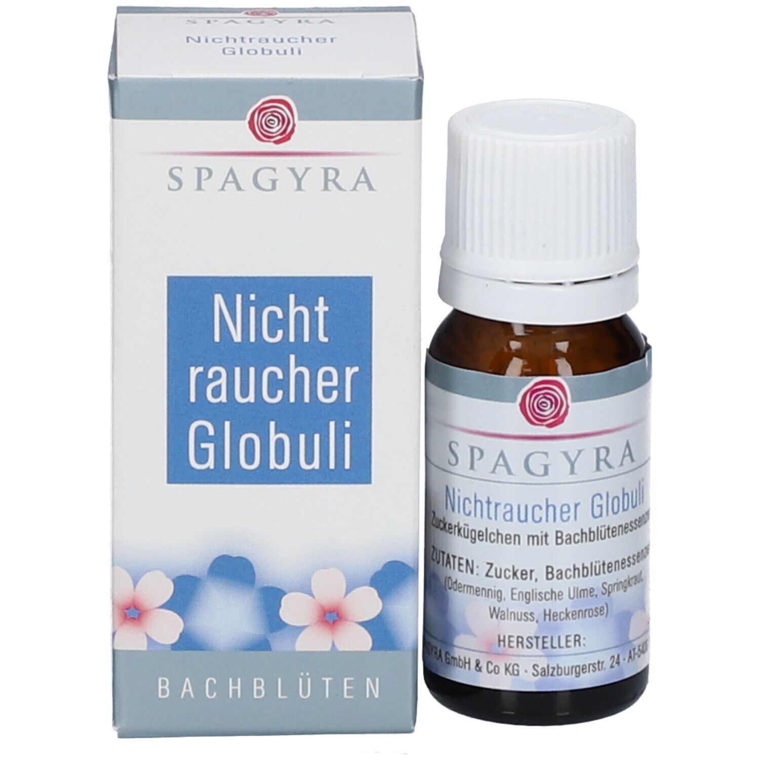Produktflasche und Verpackung. Flasche: braun, weißer Deckel. Verpackung: weiß, blau, Text: SPAGYRA, Nichtraucher Globuli.