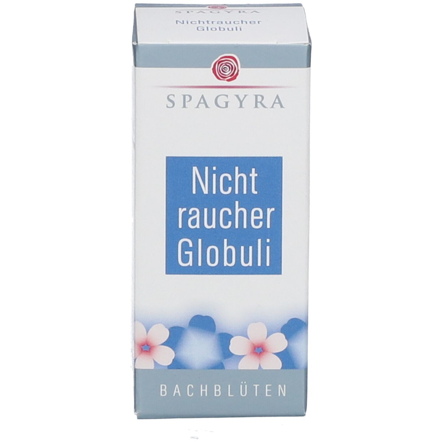 Produktverpackung. Weiß, blau. Text: SPAGYRA, Nichtraucher Globuli, Bachblüten.