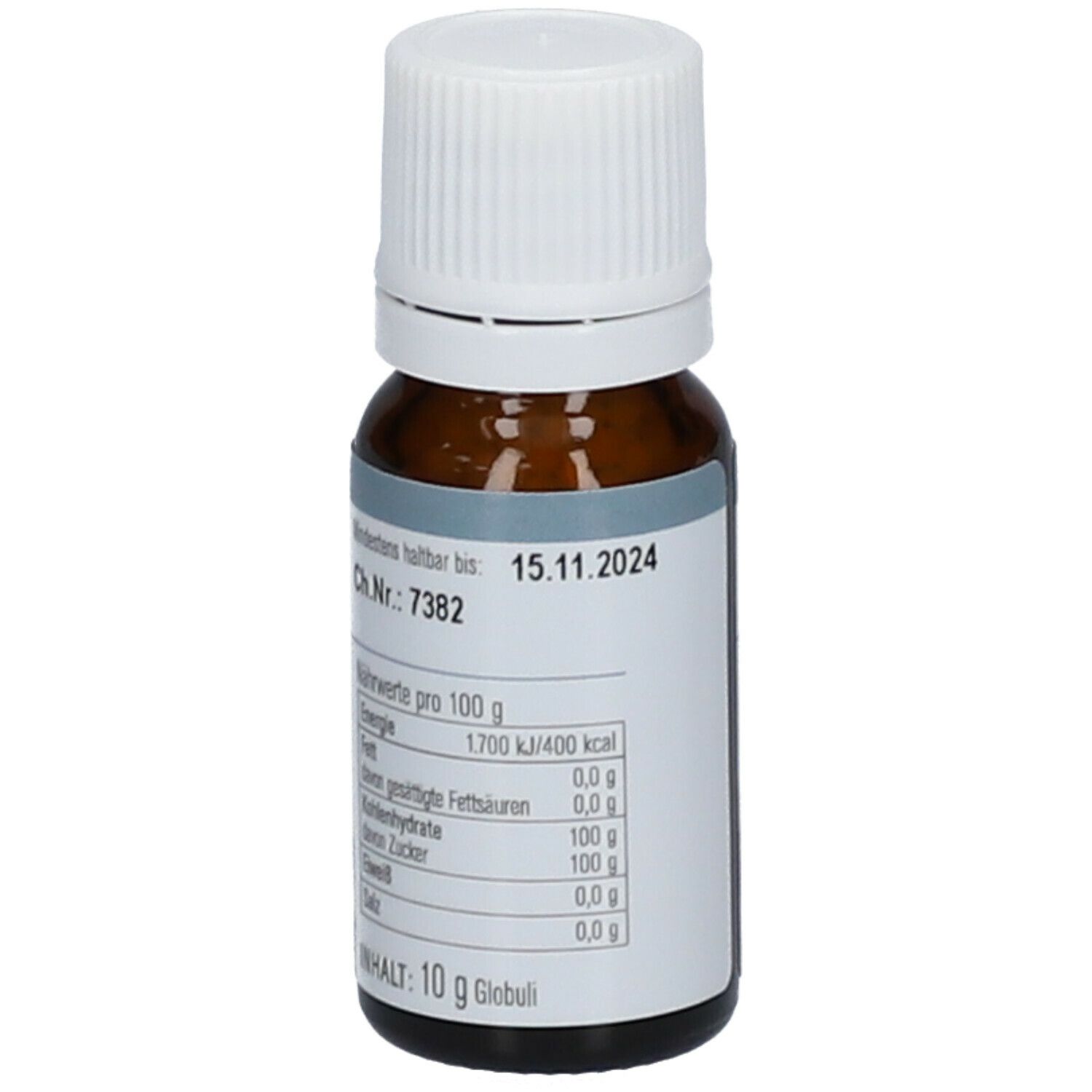 Braune Glasflasche mit weißem Verschluss. Etikett mit Nährwertangaben und Mindesthaltbarkeitsdatum. Inhalt: 10 g.