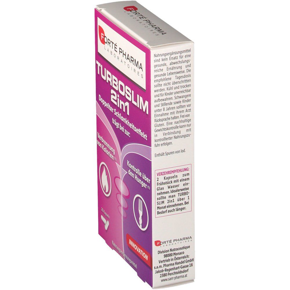 Schachtel mit "TURBOSLIM 2 in 1"-Aufdruck. Rosa und weiß. Enthält Text und Logo von FORTÉ PHARMA. Eckige Form, diagonale Ansicht.