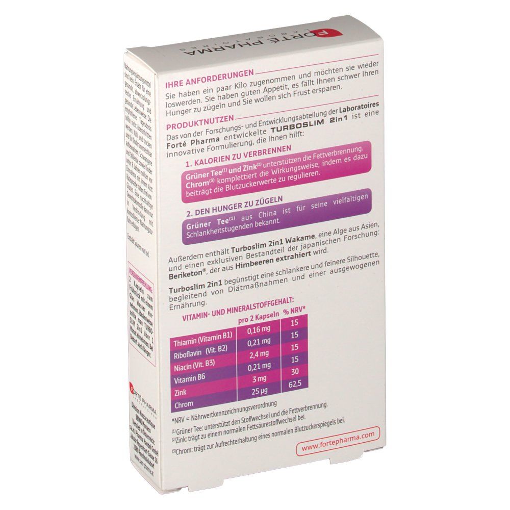 Rückseite der "TURBOSLIM 2 in 1"-Verpackung. Enthält Text über Inhaltsstoffe und Nährwertangaben. Weißer Hintergrund.
