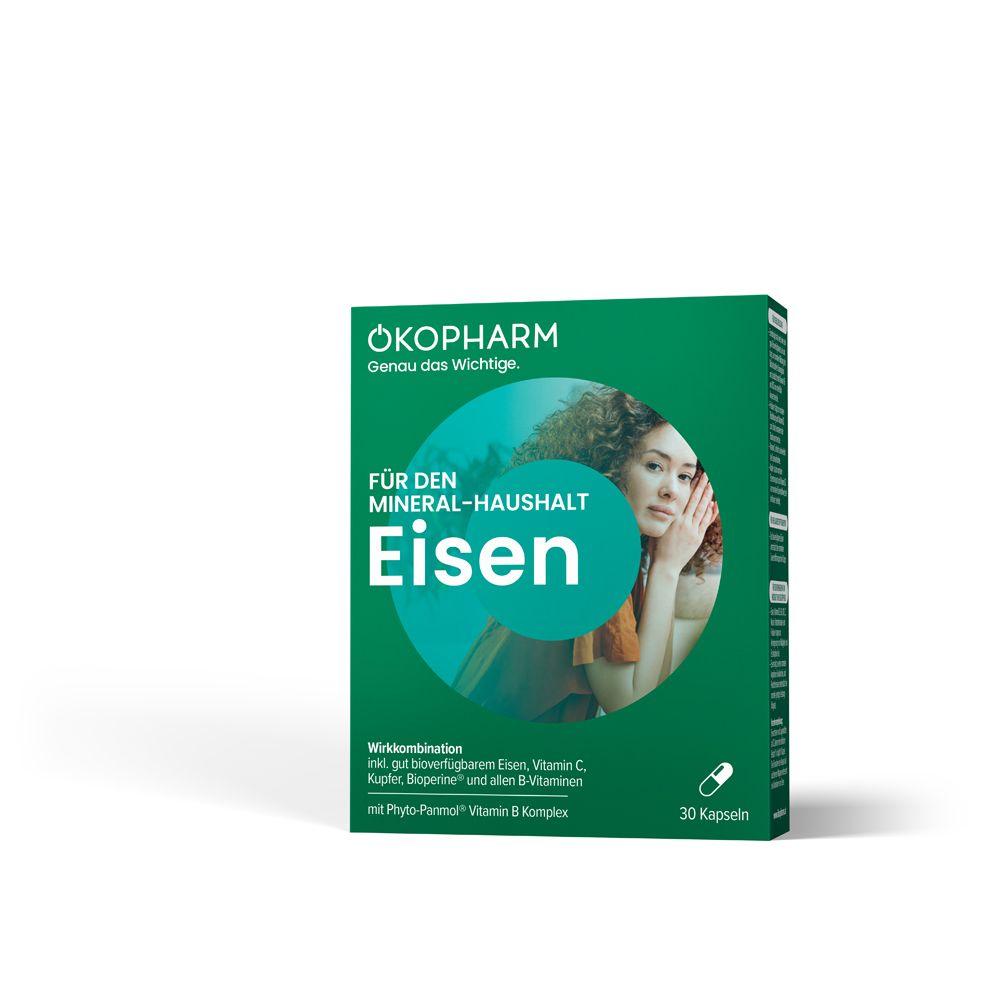 Grüne Schachtel mit "Eisen"-Kapseln. Marke ÖKOPHARM. Enthält 30 Kapseln. Aufdruck: Für den Mineral-Haushalt.