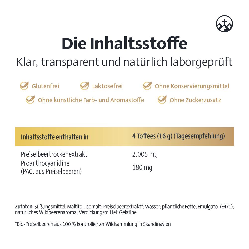 Infografik: Inhaltsstoffe von Alpinamed Preiselbeer Direkt. Enthält Preiselbeertrockenextrakt und Proanthocyanidine. Glutenfrei, laktosefrei.