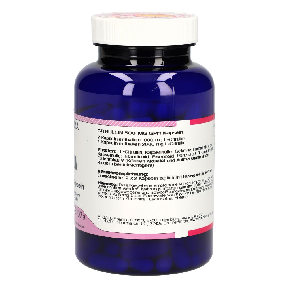 Blaue Flasche, Rückseite mit Etikett. Text: "Citrullin 500 mg GPH Kapseln". Zutaten, Verzehrempfehlung, Hinweise.