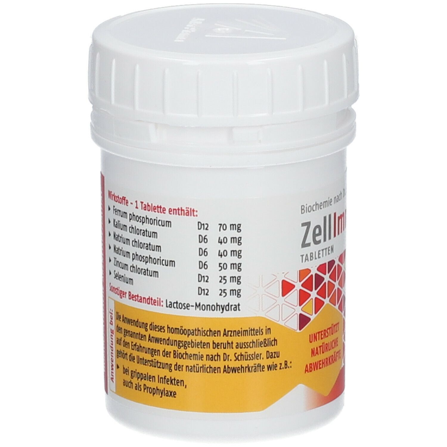 Weiße Tablettendose mit ZellImmuferin-Etikett. Inhaltsstoffe und Dosierung sind angegeben.