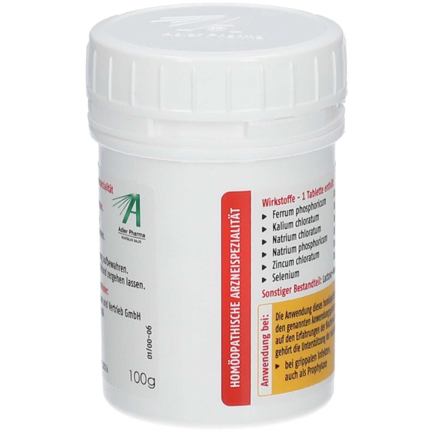 Weiße Tablettendose mit Etikett. Homöopathische Arzneispezialität. Adler Pharma Logo und Text.