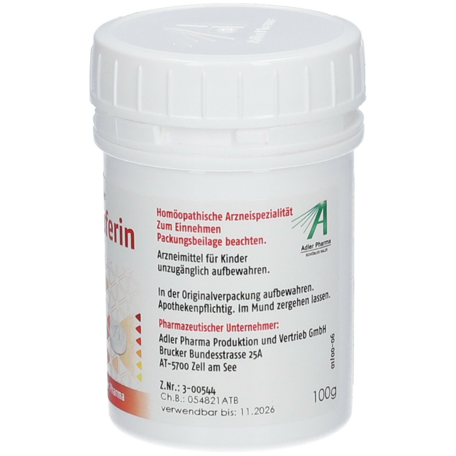 Weiße Tablettendose mit Etikett. Homöopathische Arzneispezialität. 100g. Adler Pharma Logo.