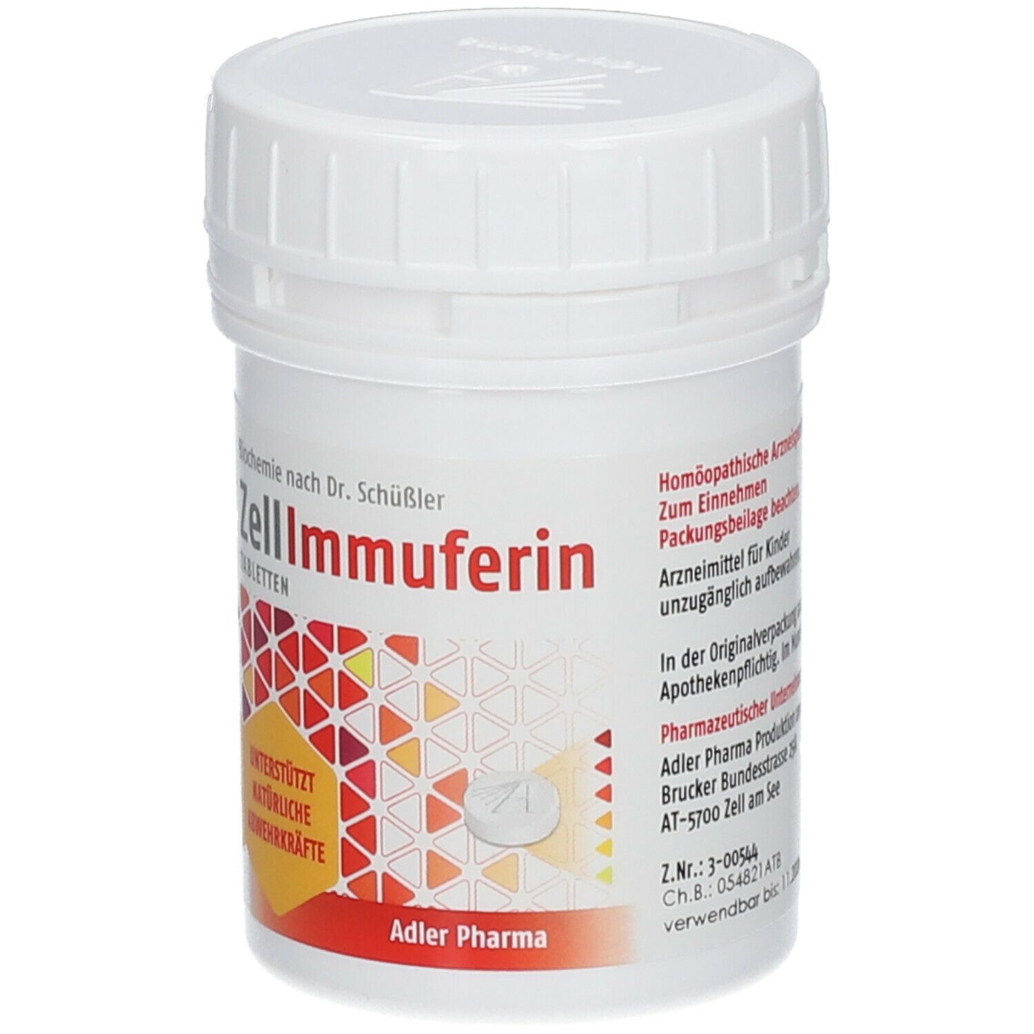 Weiße Tablettendose mit ZellImmuferin-Etikett. Enthält Tabletten. Adler Pharma Logo unten.
