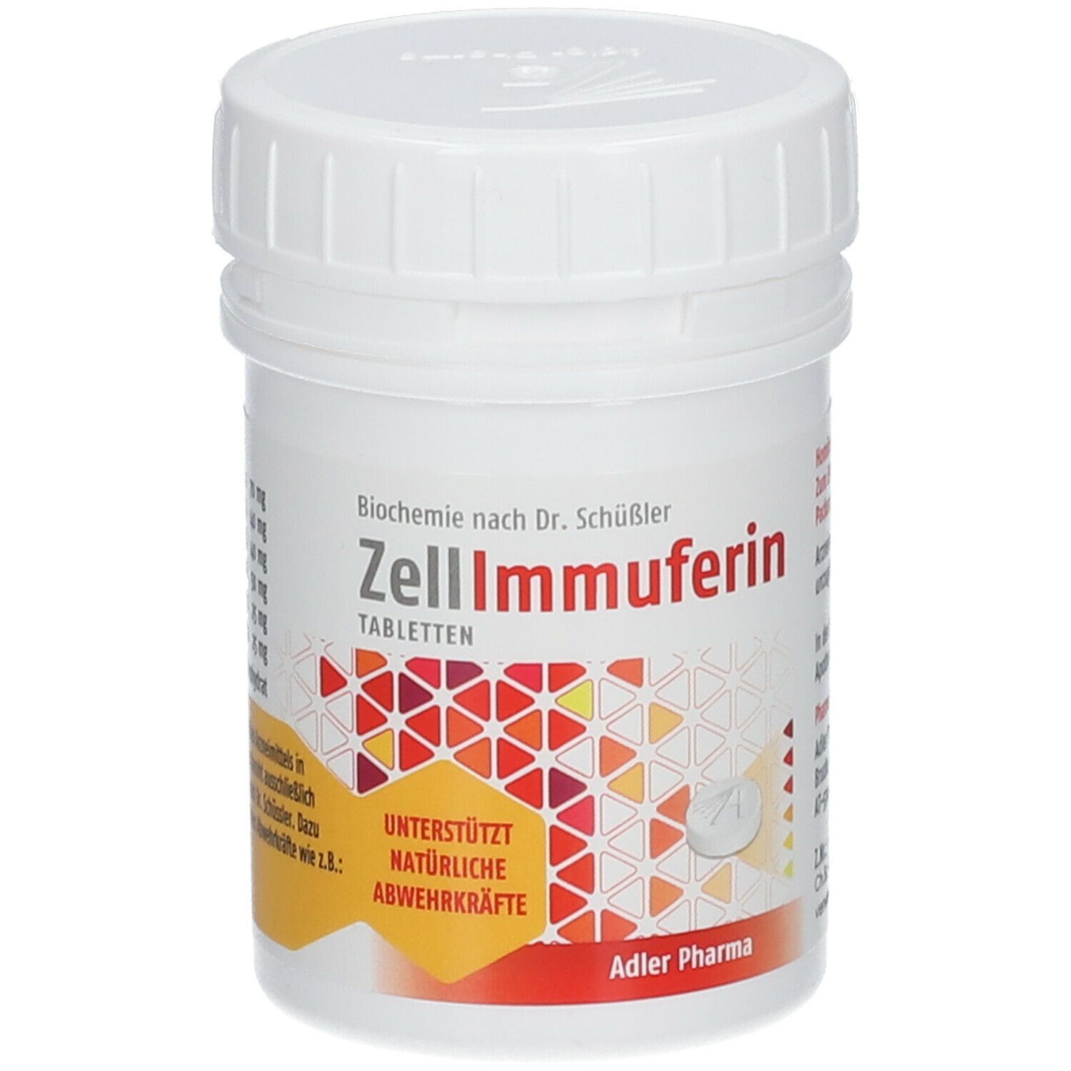 Weiße Tablettendose mit ZellImmuferin-Etikett. Enthält Tabletten. Adler Pharma Logo unten.
