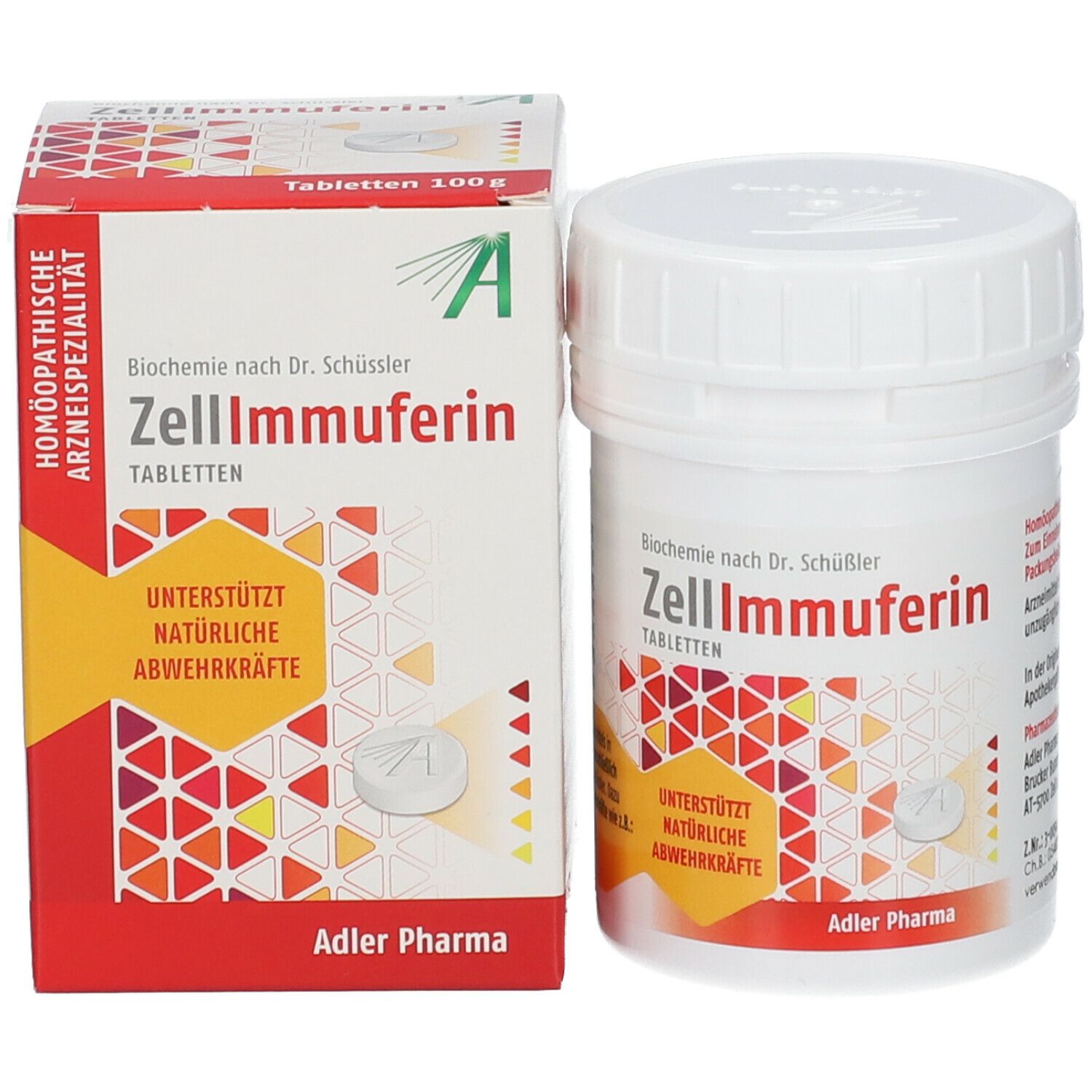 ZellImmuferin Tabletten und Verpackung. Weiße Tablettendose und Schachtel. Adler Pharma Logo.