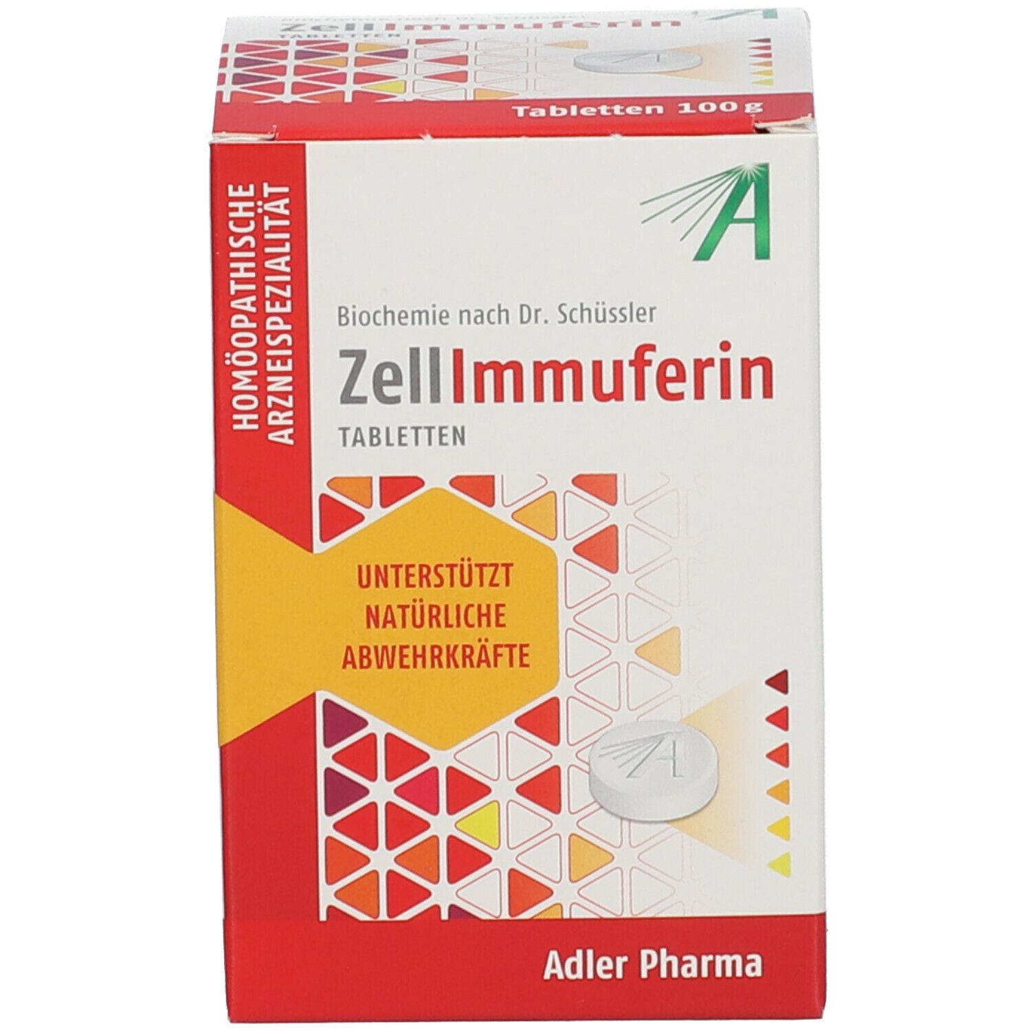 ZellImmuferin Tabletten Verpackung. Rote und weiße Schachtel. Adler Pharma Logo und Text.