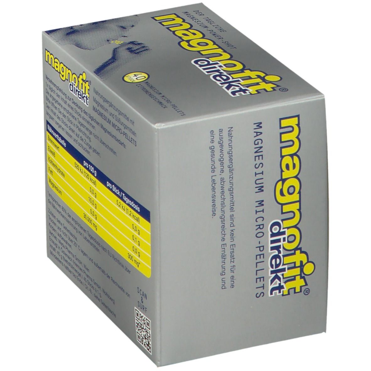 Schachtel "magnofit direkt" mit Nährwertangaben. Aufschrift: Magnesium Micro-Pellets. Enthält 40 Sticks.