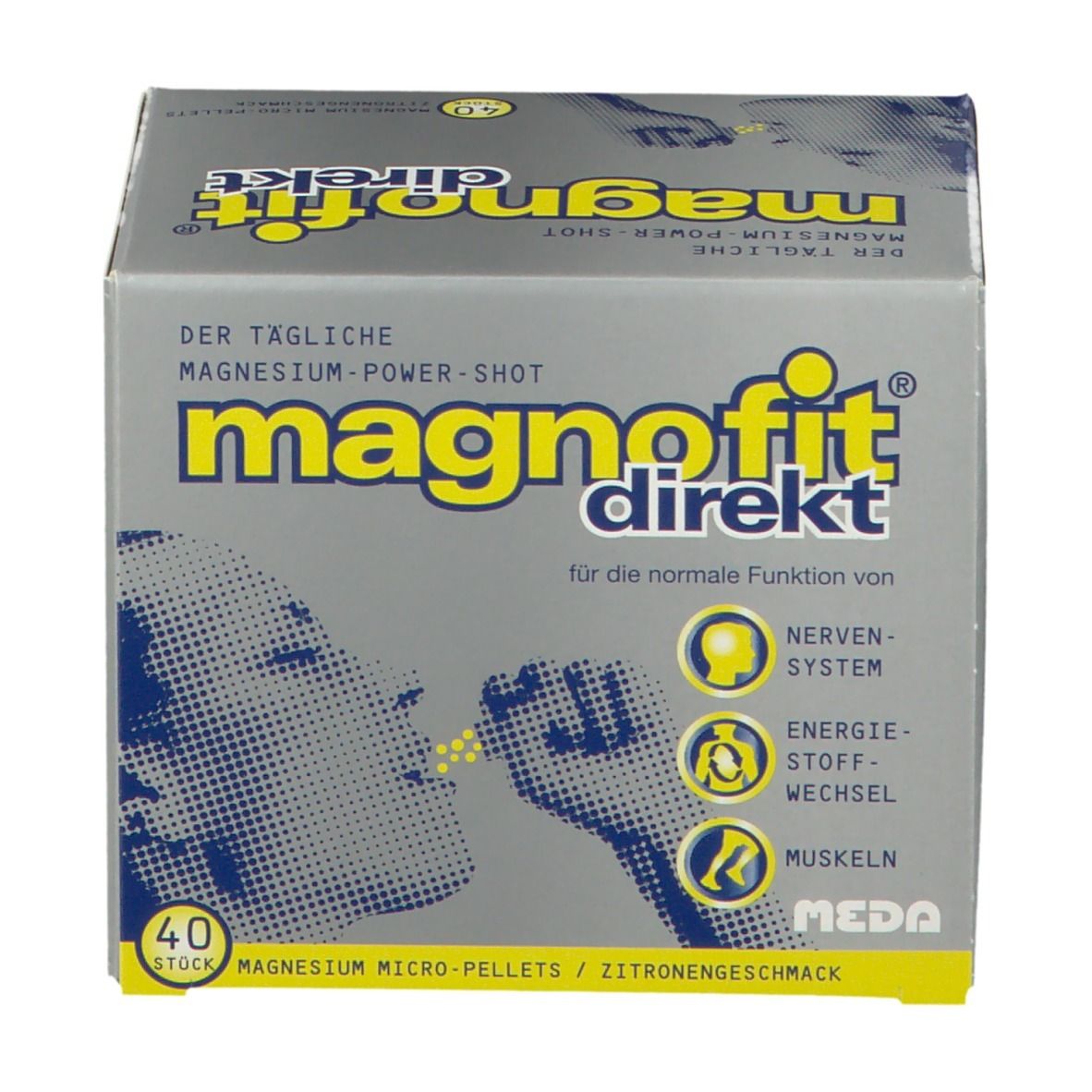 Schachtel "magnofit direkt". Aufschrift: Magnesium Micro-Pellets, Zitronengeschmack. Abbildung: Person nimmt Pellets ein.