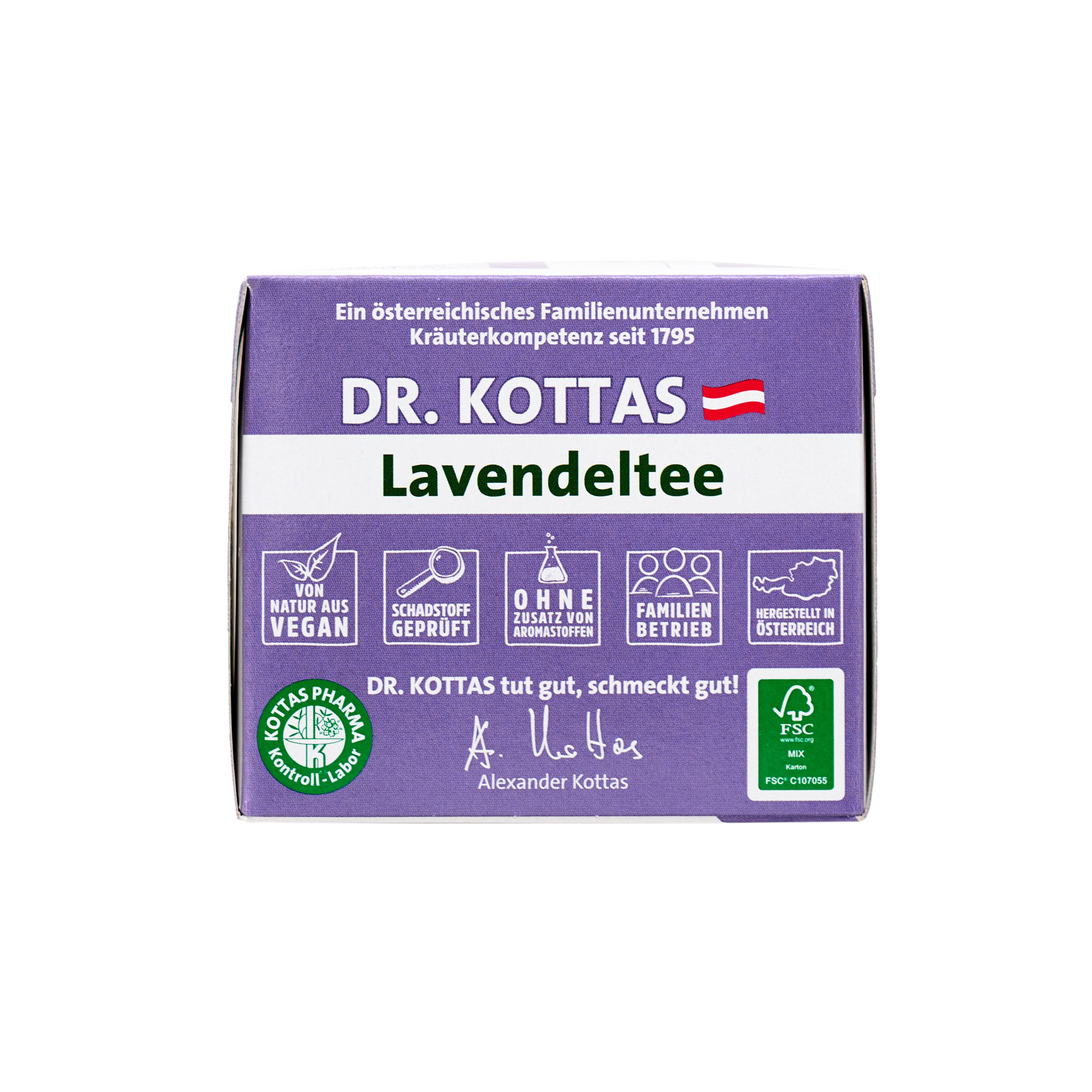Dr. Kottas Lavendeltee Packung mit Siegeln für vegan, schadstoffgeprüft, ohne Zusatzstoffe, Familienbetrieb, hergestellt in Österreich.
