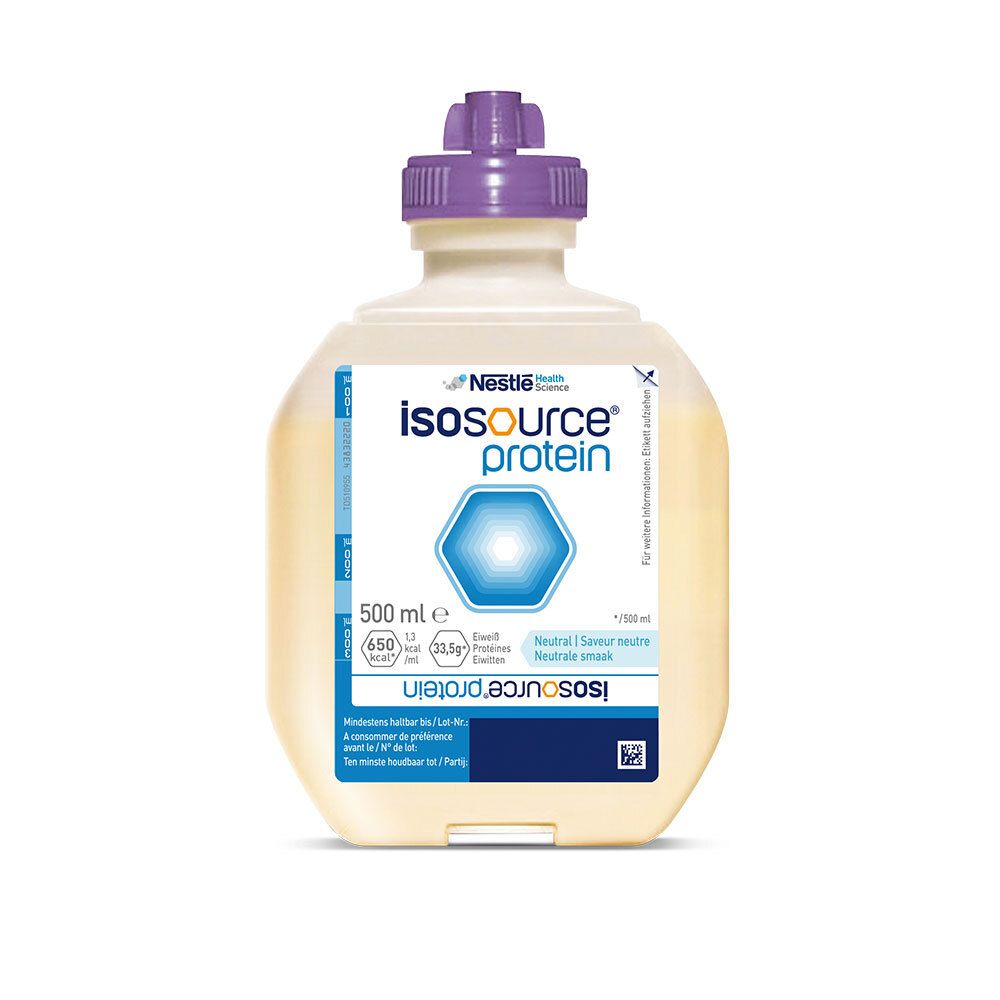 Nestlé Isosource Protein, Flasche mit Schraubverschluss. 500 ml. Neutraler Geschmack. Blaue und weiße Etiketten.