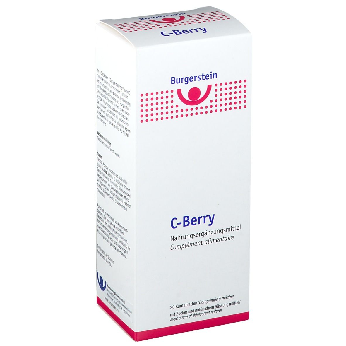 Weiße Schachtel mit roter Schrift. Oben steht "C-Berry" und "Burgerstein". Darunter "Nahrungsergänzungsmittel".