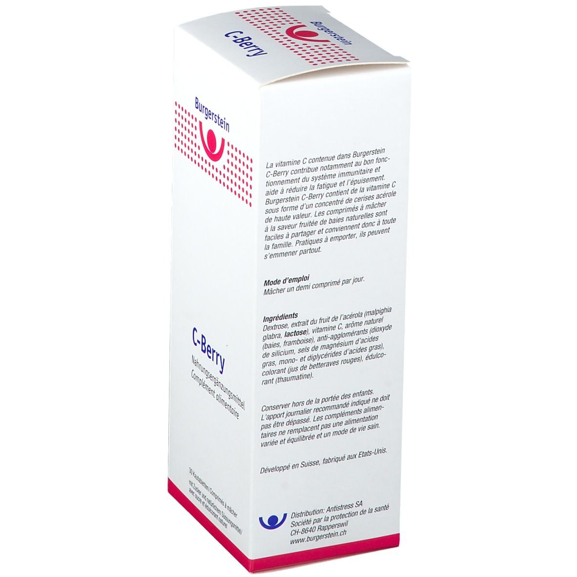 Weiße Schachtel, Seitenansicht. Text in Deutsch und Französisch. "C-Berry" und Logo. Enthält Informationen zu Inhaltsstoffen.