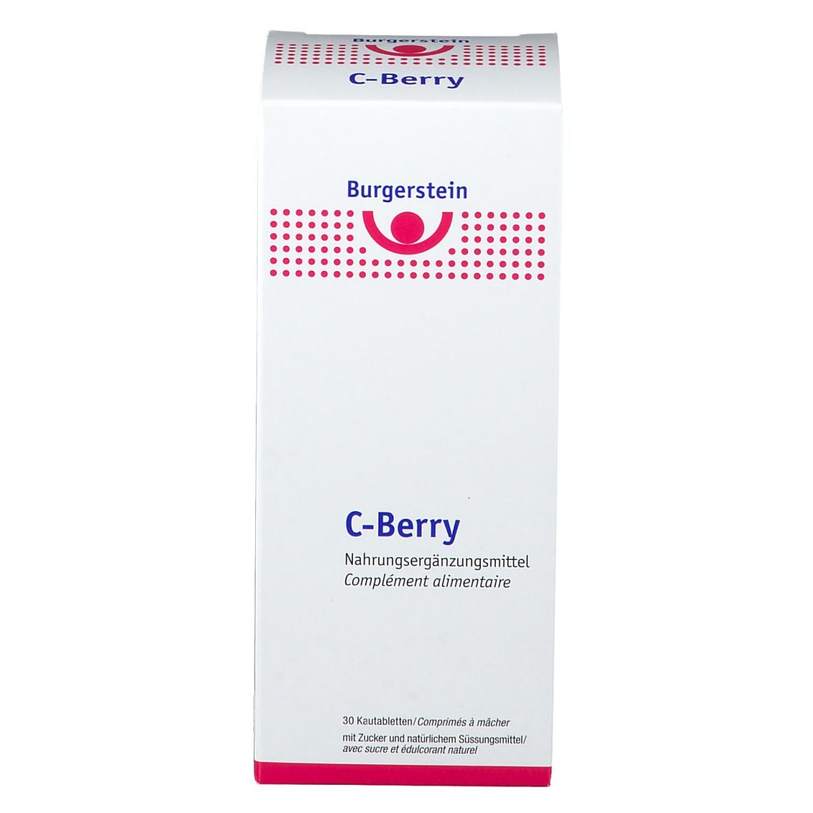 Weiße Schachtel mit roter Schrift. Oben steht "C-Berry" und "Burgerstein". Darunter "Nahrungsergänzungsmittel".