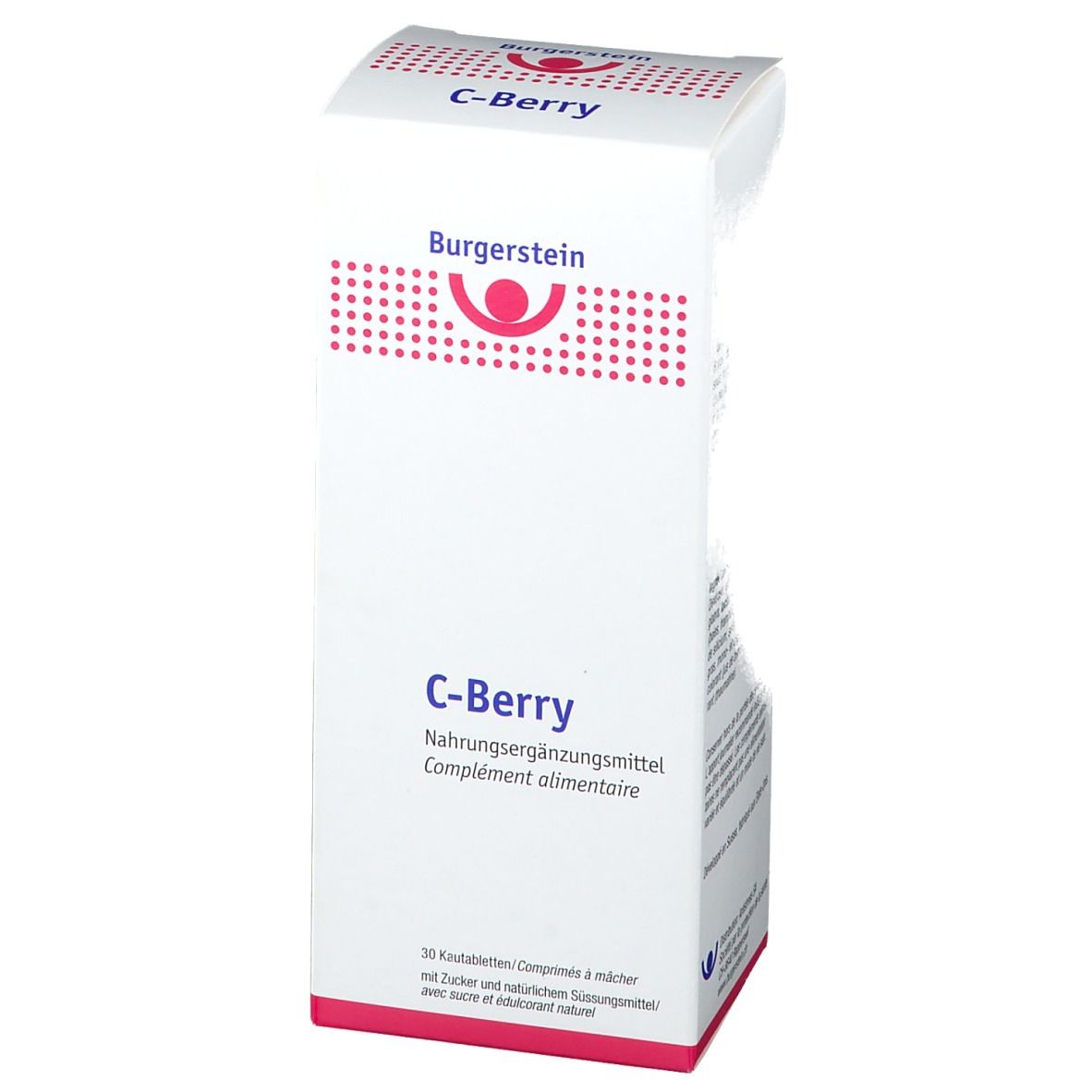 Weiße Schachtel mit roter Schrift. Oben steht "C-Berry" und "Burgerstein". Darunter "Nahrungsergänzungsmittel".