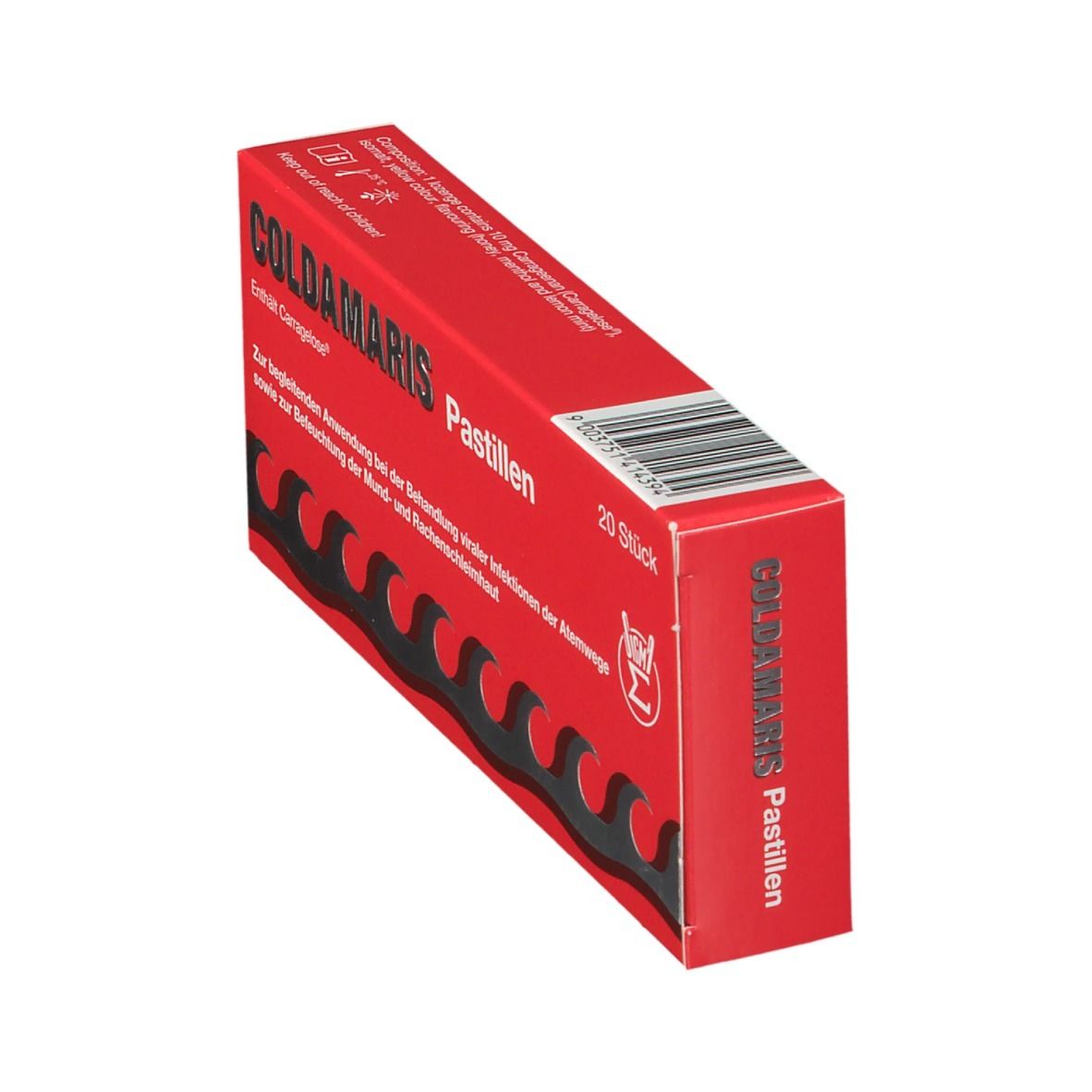 Rote Schachtel "COLDAMARIS Pastillen" mit 20 Stück. Schräge Ansicht. Wellenförmiges Design. Text in Deutsch.