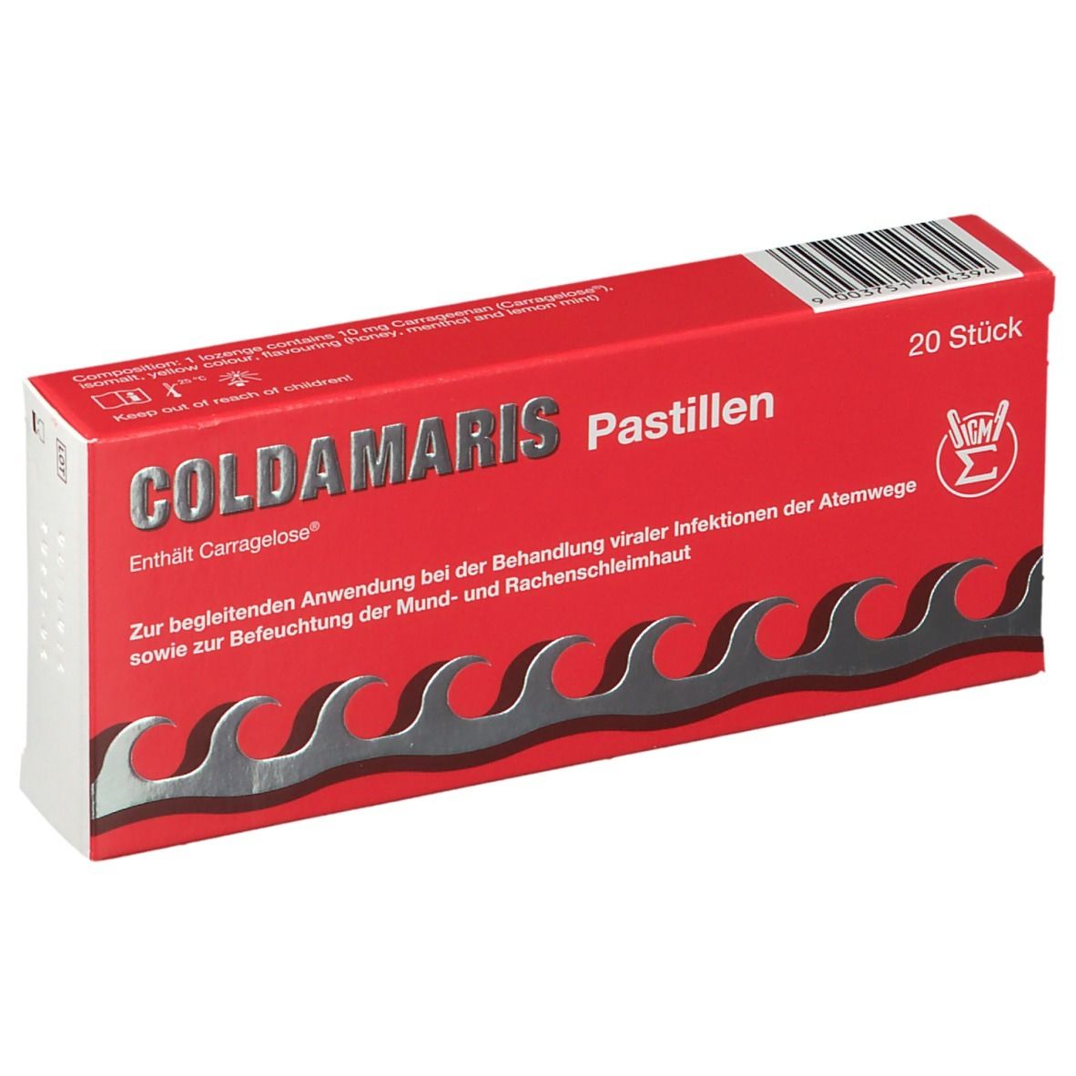 Rote Schachtel mit "COLDAMARIS Pastillen". Enthält 20 Stück. Wellenförmiges Design unten. Text in Deutsch.