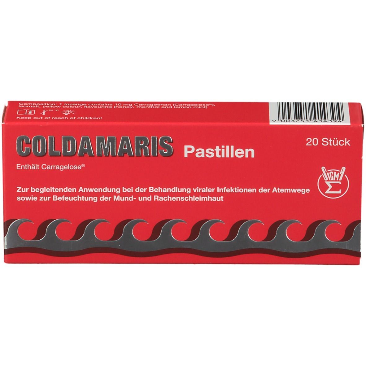 Rote Schachtel "COLDAMARIS Pastillen" mit 20 Stück. Wellenförmiges Design unten. Text in Deutsch.
