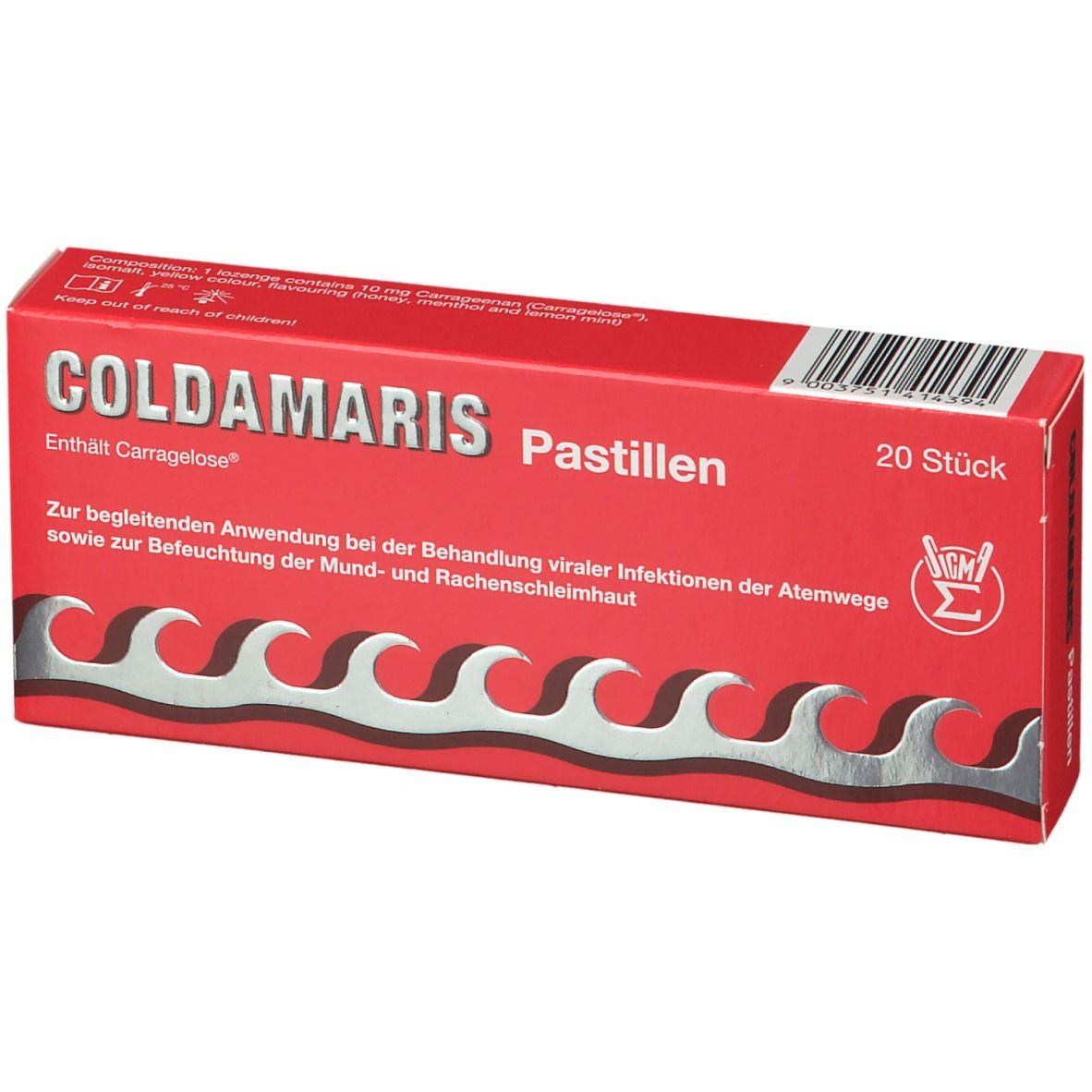 Rote Schachtel "COLDAMARIS Pastillen" mit 20 Stück. Wellenförmiges Design unten. Text in Deutsch.