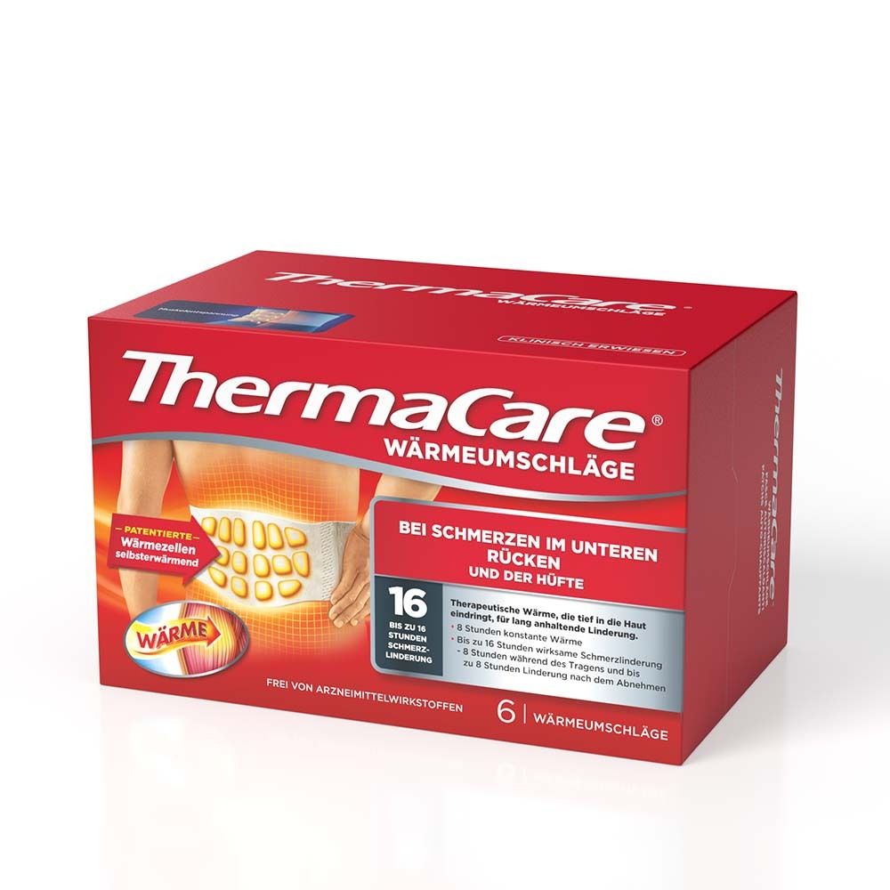 Rote ThermaCare®-Verpackung mit Rückenwärmeumschlägen. Aufdruck: Wärmeumschläge, 16 Stunden Schmerzlinderung.