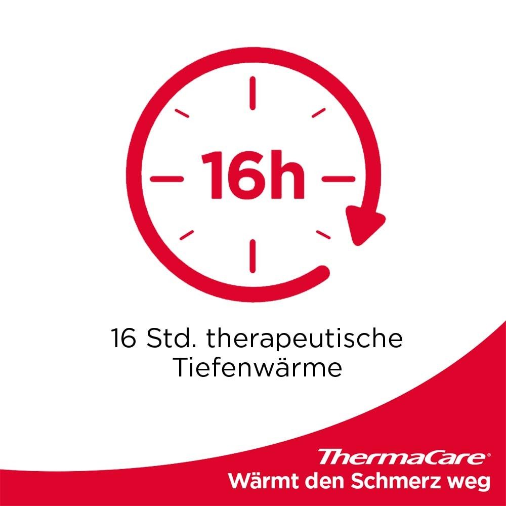 Rotes Logo mit Uhr und Text: 16 Std. therapeutische Tiefenwärme. ThermaCare®-Logo.