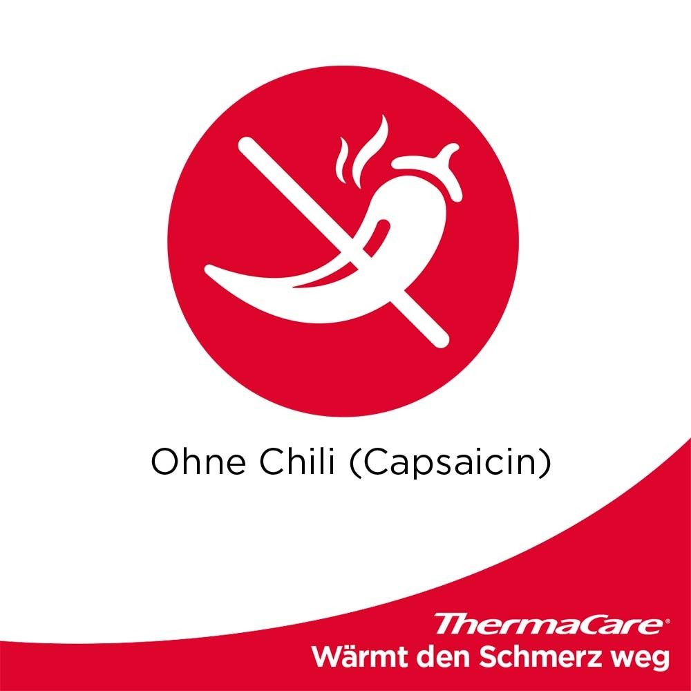Rotes Logo mit durchgestrichener Chili-Schote und Text: Ohne Chili (Capsaicin). ThermaCare®-Logo.