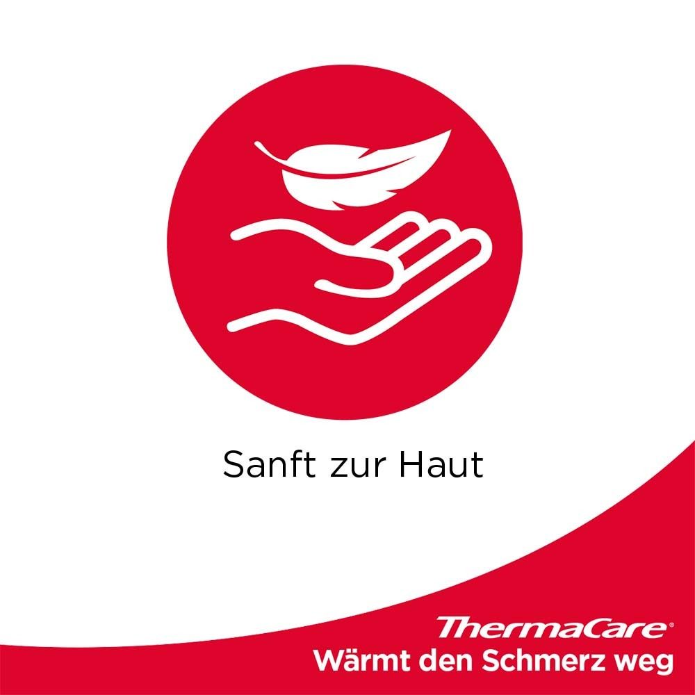Rotes Logo mit Hand und Feder und Text: Sanft zur Haut. ThermaCare®-Logo.